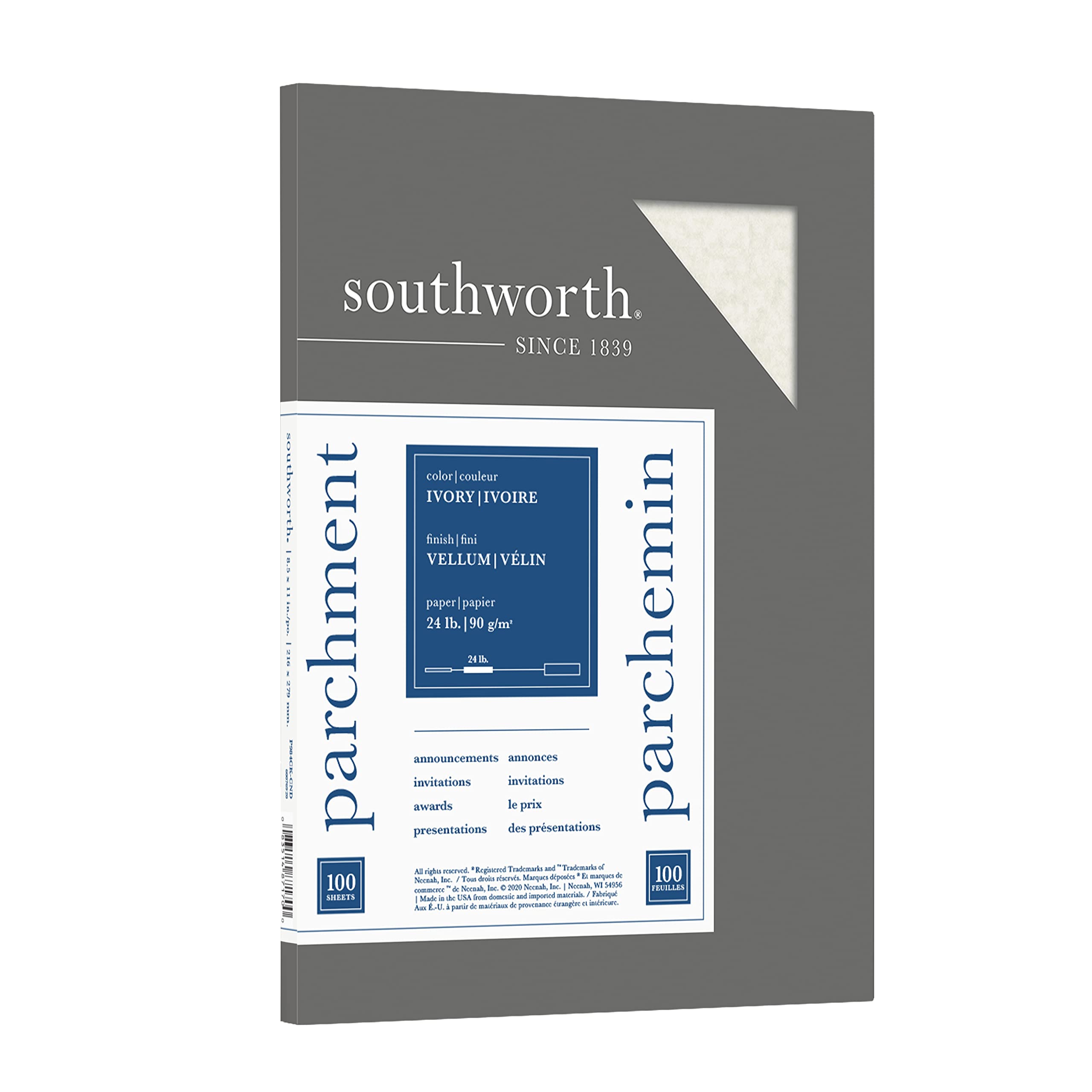 Southworth Colors + Textures Fine Parchment Paper, 24#, 8.5 x 11 Inches, Ivory, 100 per Pack (P984CK)