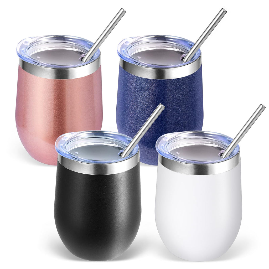 Volhoply 12oz Stainless Steel Wine Tumbler with Lid Bulk 4 Pack,Double Wall Vacuum Stemless Wine Glasses,Reusable Metal Travel Coffee Mug with Straw,Insulated Cup Gifts for Women,Christmas（Mix,4 Set）