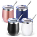 Volhoply 12oz Stainless Steel Wine Tumbler with Lid Bulk 4 Pack,Double Wall Vacuum Stemless Wine Glasses,Reusable Metal Travel Coffee Mug with Straw,Insulated Cup Gifts for Women,Christmas（Mix,4 Set）