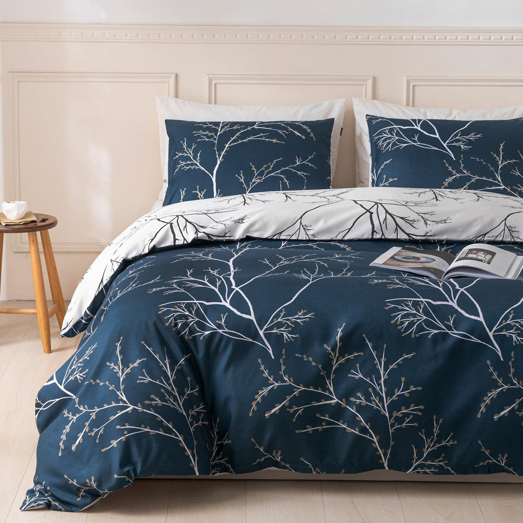 Duvet Cover Queen, Tree Branches Pattern Bed Sets, Ultra Soft Microfiber Bed Set, 3 Piece Breathable Queen Duvet Cover Set with Zipper Closure, Corner Ties, (90x90 Inch, Blue)