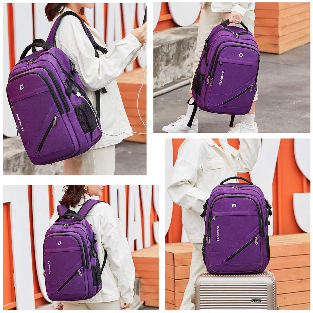 FENGDONG Durable Travel Large Laptop Backpack 17.3 inch,College Backpack for Women & Men Business Backpack with USB Charging Port and Headset Port Purple
