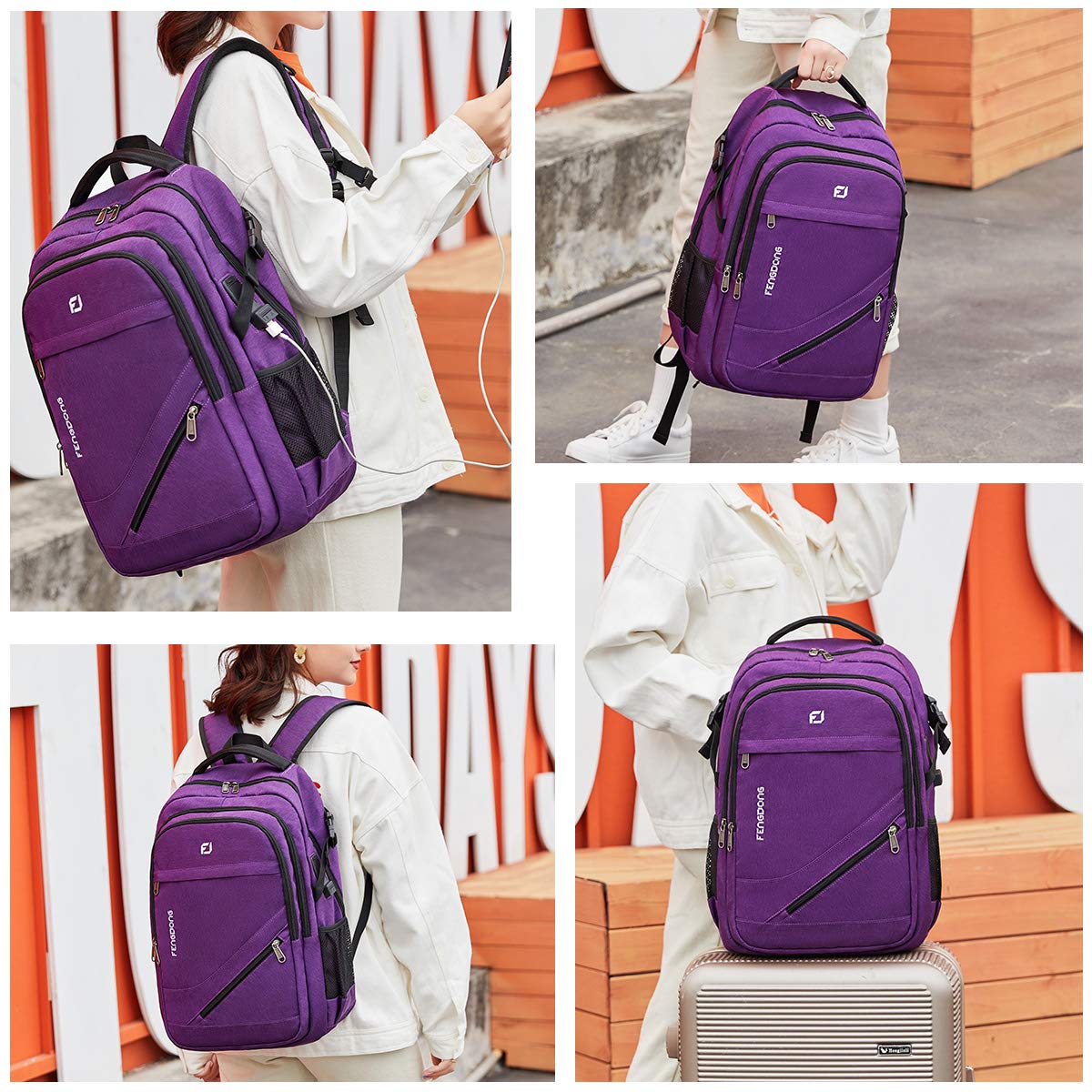 FENGDONG Durable Travel Large Laptop Backpack 17.3 inch,College Backpack for Women & Men Business Backpack with USB Charging Port and Headset Port Purple