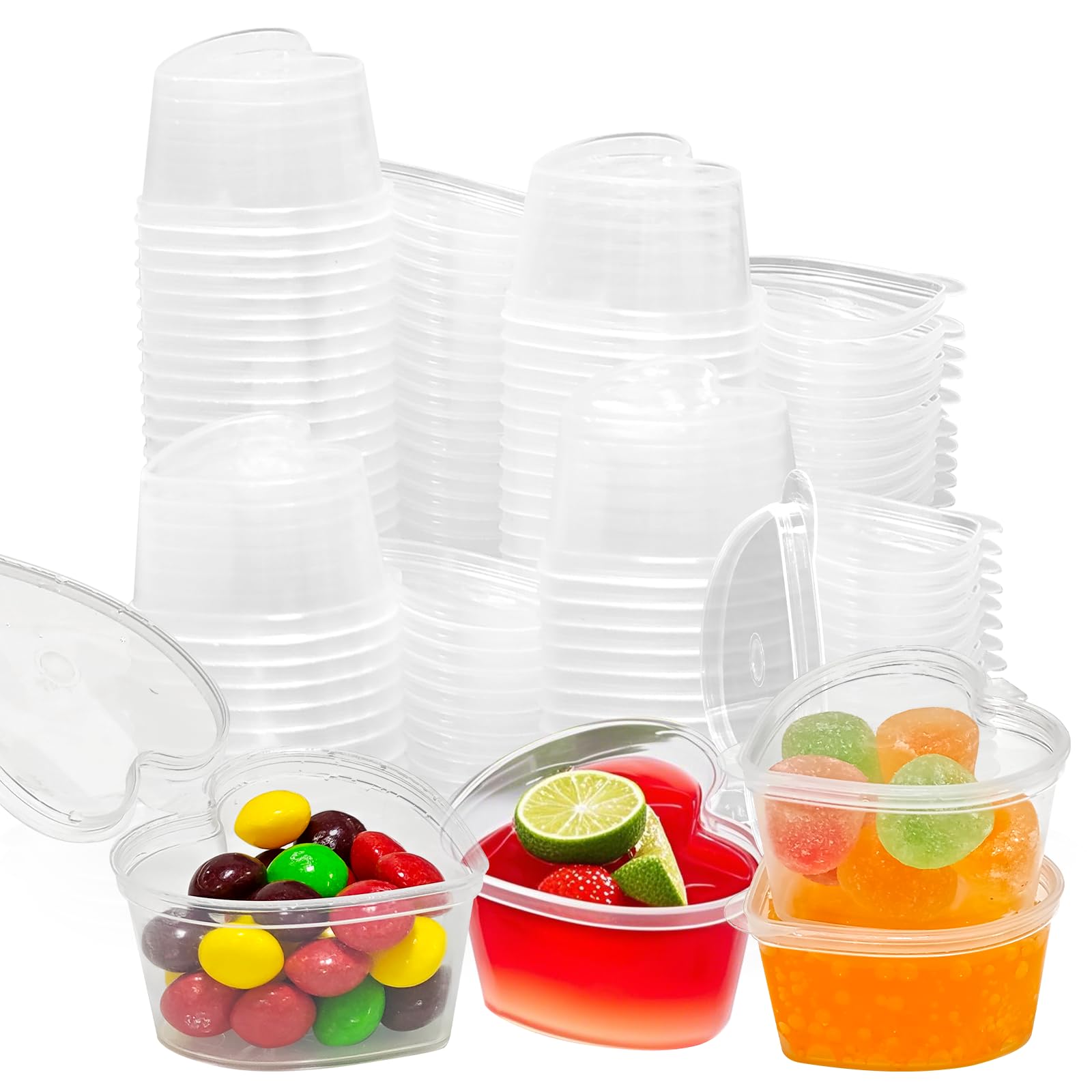 100 Sets 1.5 oz Heart Shaped Jello Shot Cups with Lids, Disposable Plastic Cups,Small Condiment Containers,Plastic Souffle Cup, Mini Sample Tasting Cups, Dipping Sauce Cup To Go Bowls, Clear