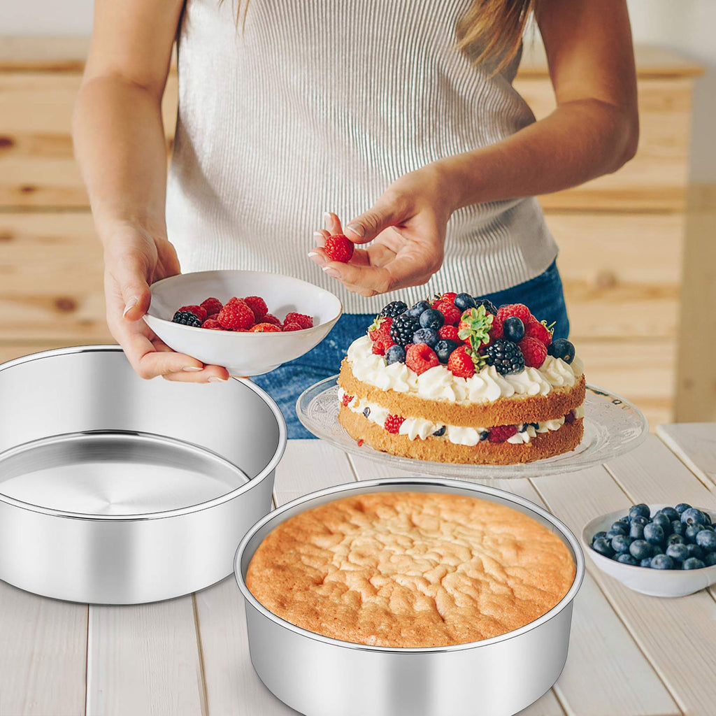 P&P CHEF 8 x 3 Inch Cake Pans Set of 2, Round Baking Pan Stainless Steel Layer Birthday Wedding Cake Oven Pans, Non Toxic & Heavy Duty, Deep Side & Mirror Finish, Easy Clean & Dishwasher Safe