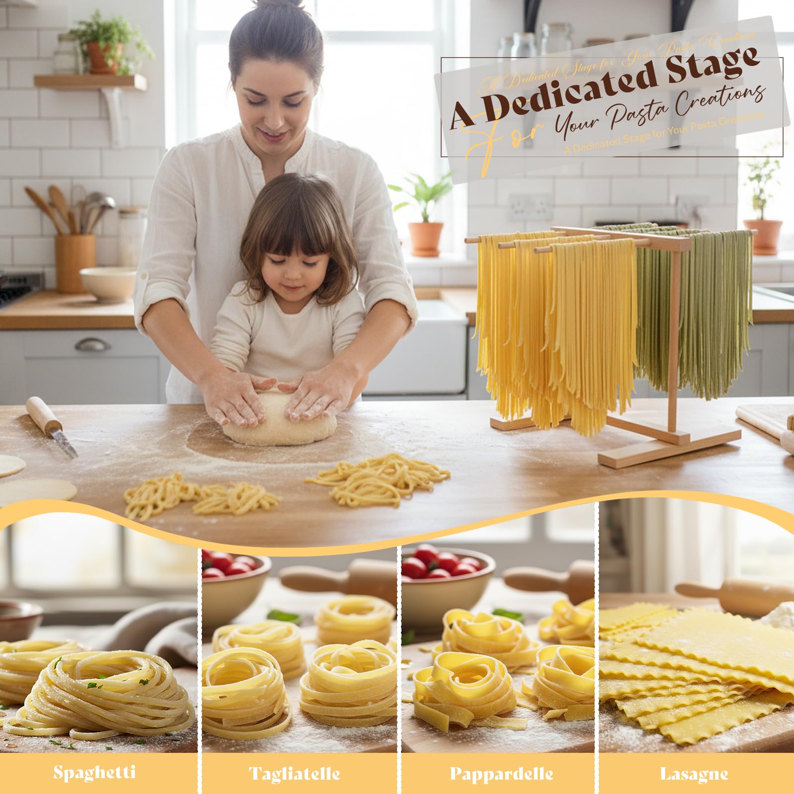 Pasta Making Tools, 9 PCS Wood Pasta Making Kit with Pasta Drying Rack, Pasta Roller, Gnocchi Board, Ravioli Cutter Pasta Making Accessories