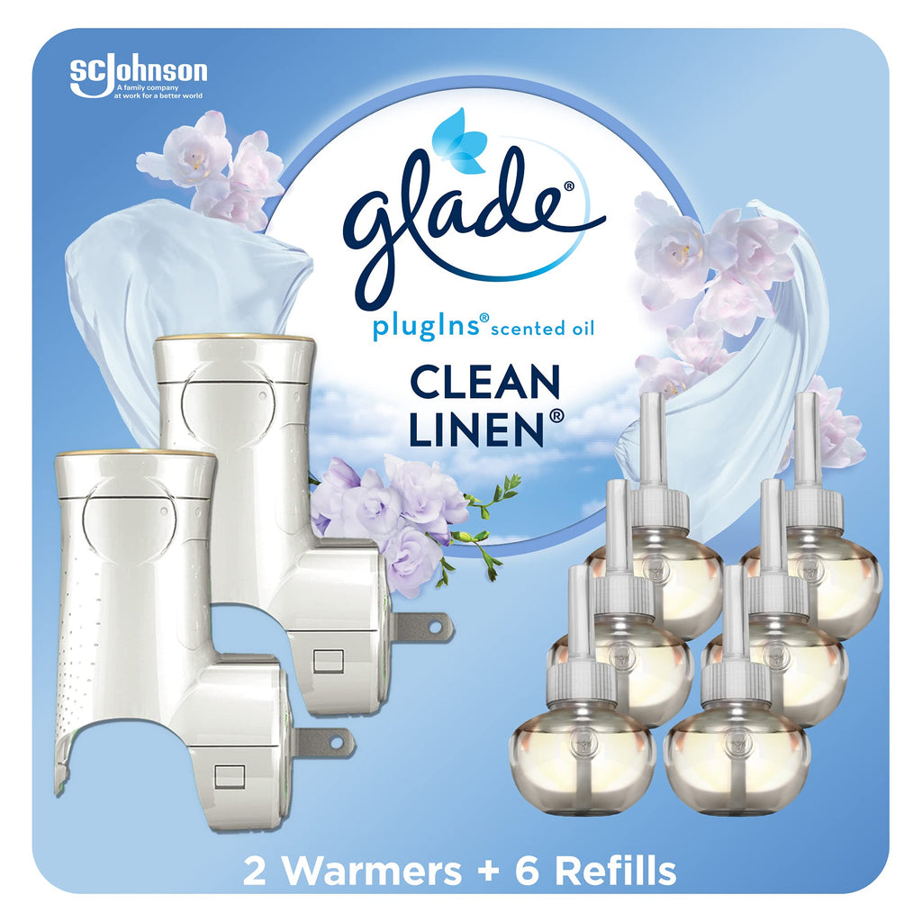 Glade PlugIns Air Freshener Oil Refill Kit, Scented and Essential Oils for Home and Bathroom, Clean Linen, 2 Warmers + 6 Refills