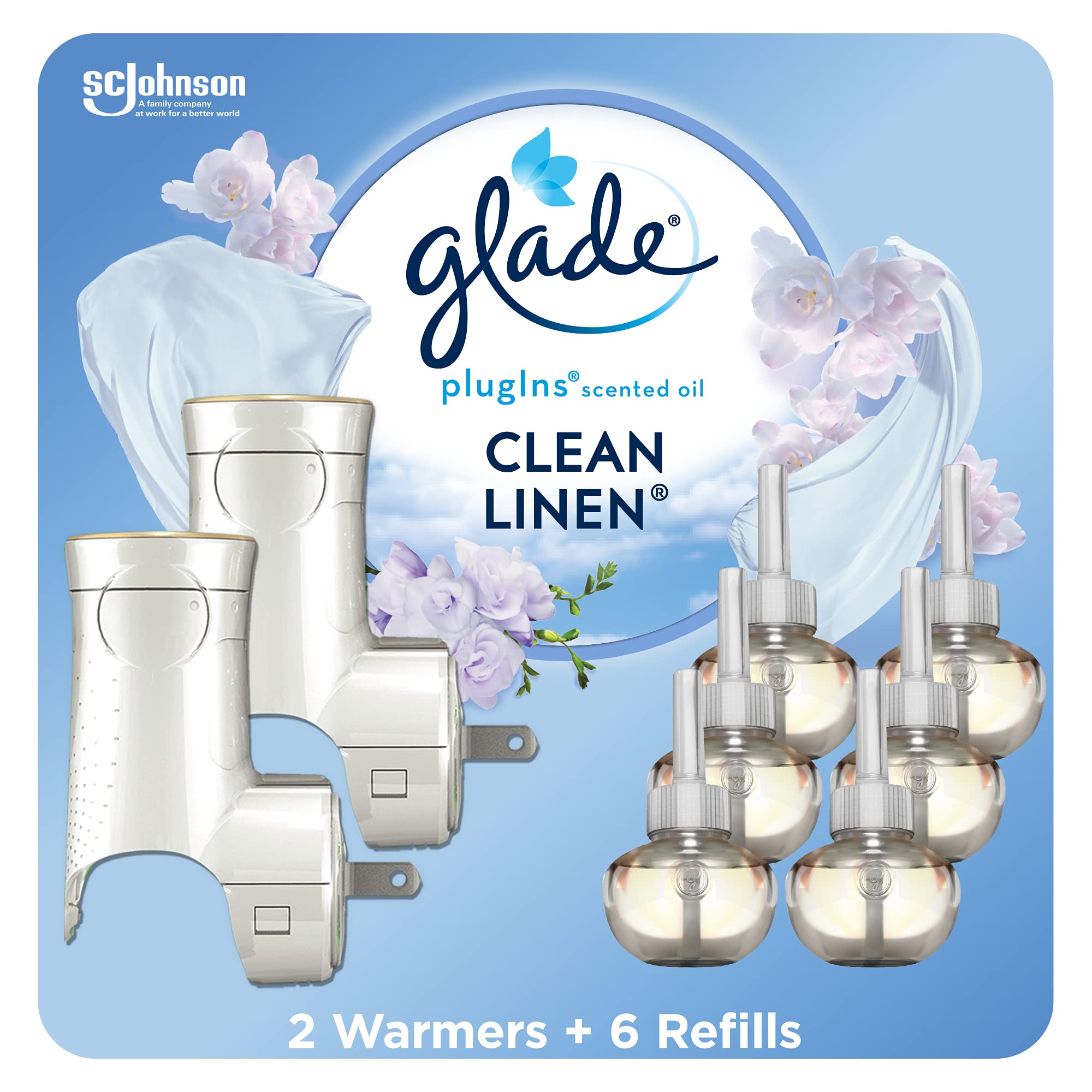 Glade PlugIns Air Freshener Oil Refill Kit, Scented and Essential Oils for Home and Bathroom, Clean Linen, 2 Warmers + 6 Refills