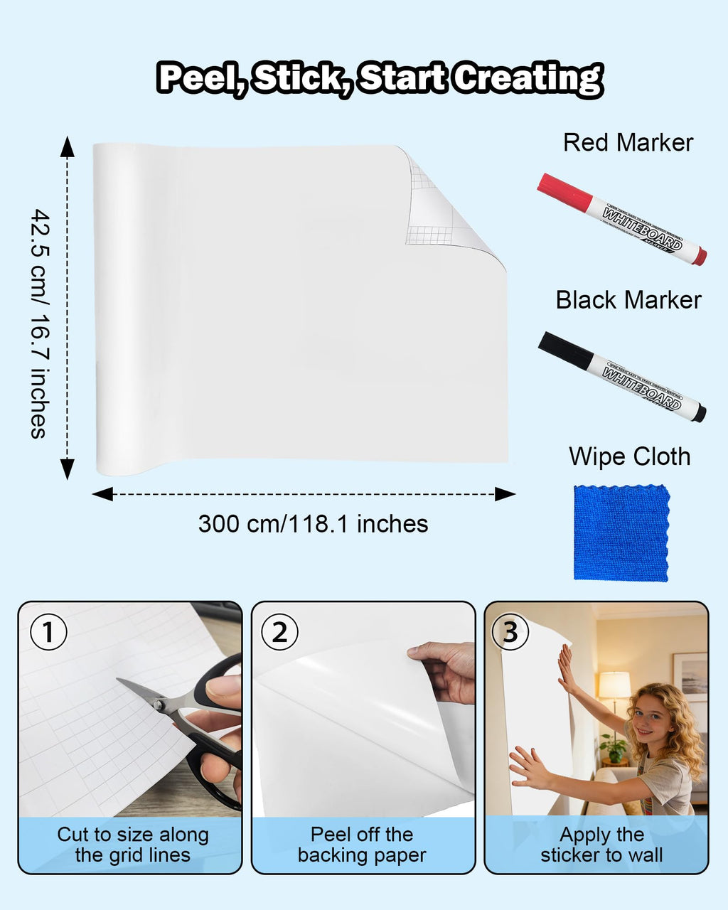 Dry Erase Whiteboard Sticker for Wall - 16.7 x 118.1 inches, No Ghosting PET White Board Wallpaper Roll, No Residue, Peel and Stick Contact Paper with 2 Markers & Cloth for Home Office Classroom