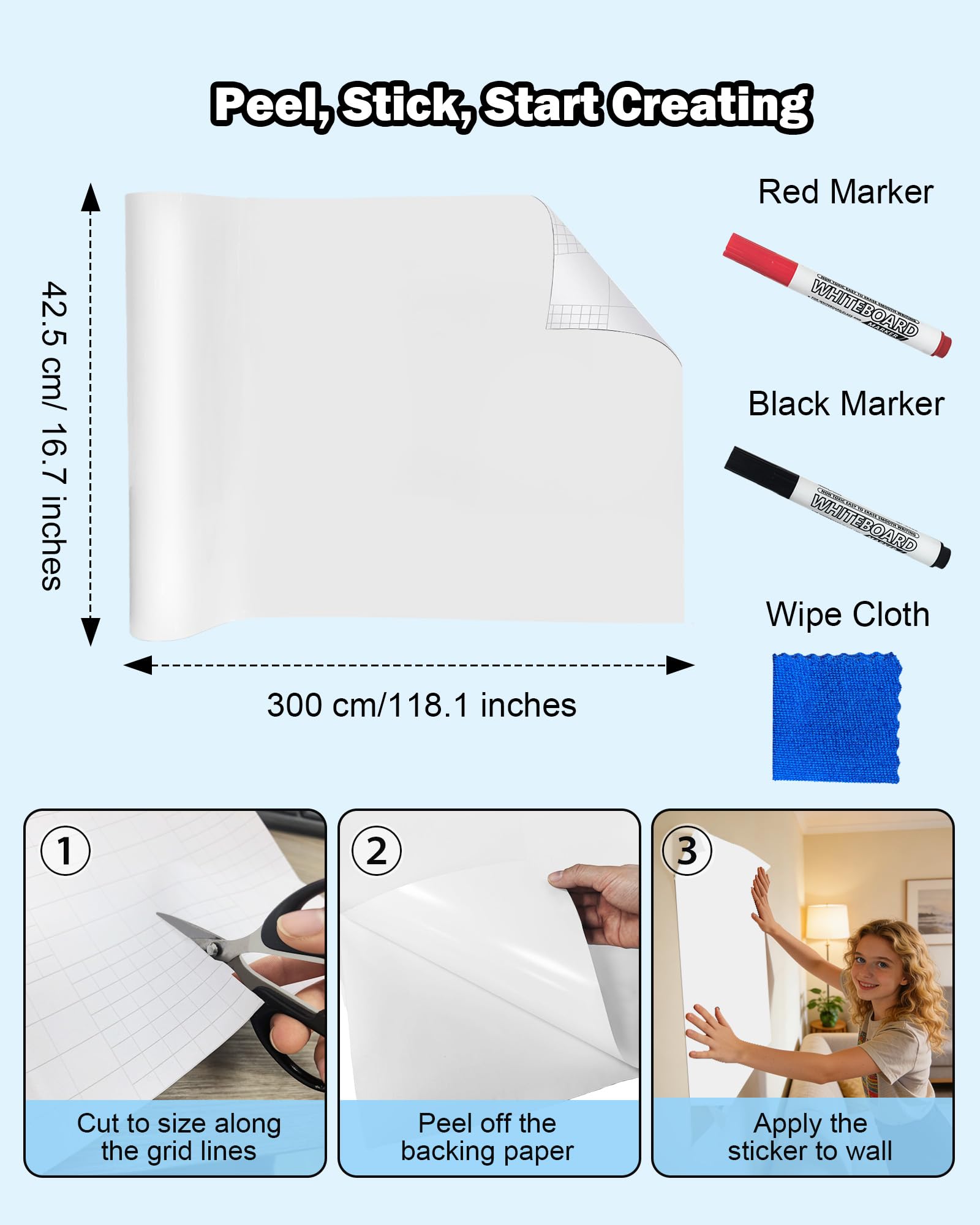 Dry Erase Whiteboard Sticker for Wall - 16.7 x 118.1 inches, No Ghosting PET White Board Wallpaper Roll, No Residue, Peel and Stick Contact Paper with 2 Markers & Cloth for Home Office Classroom