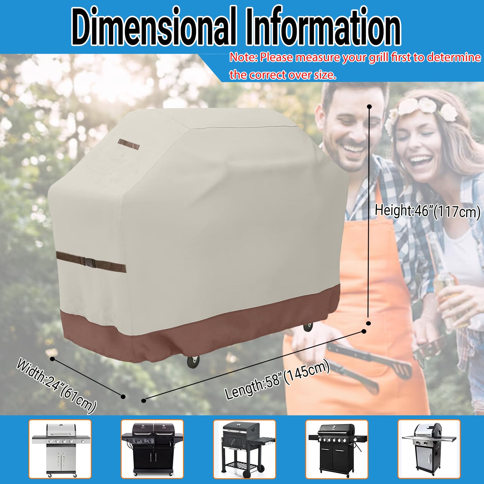 Grill Cover 58 inch, BBQ Outdoor Grill Covers Grade 420D Fabric Barbecue for Weber LX300, Dyna-Glo, Monument Grills Outdoor Furniture Covers (Beige & Brown)