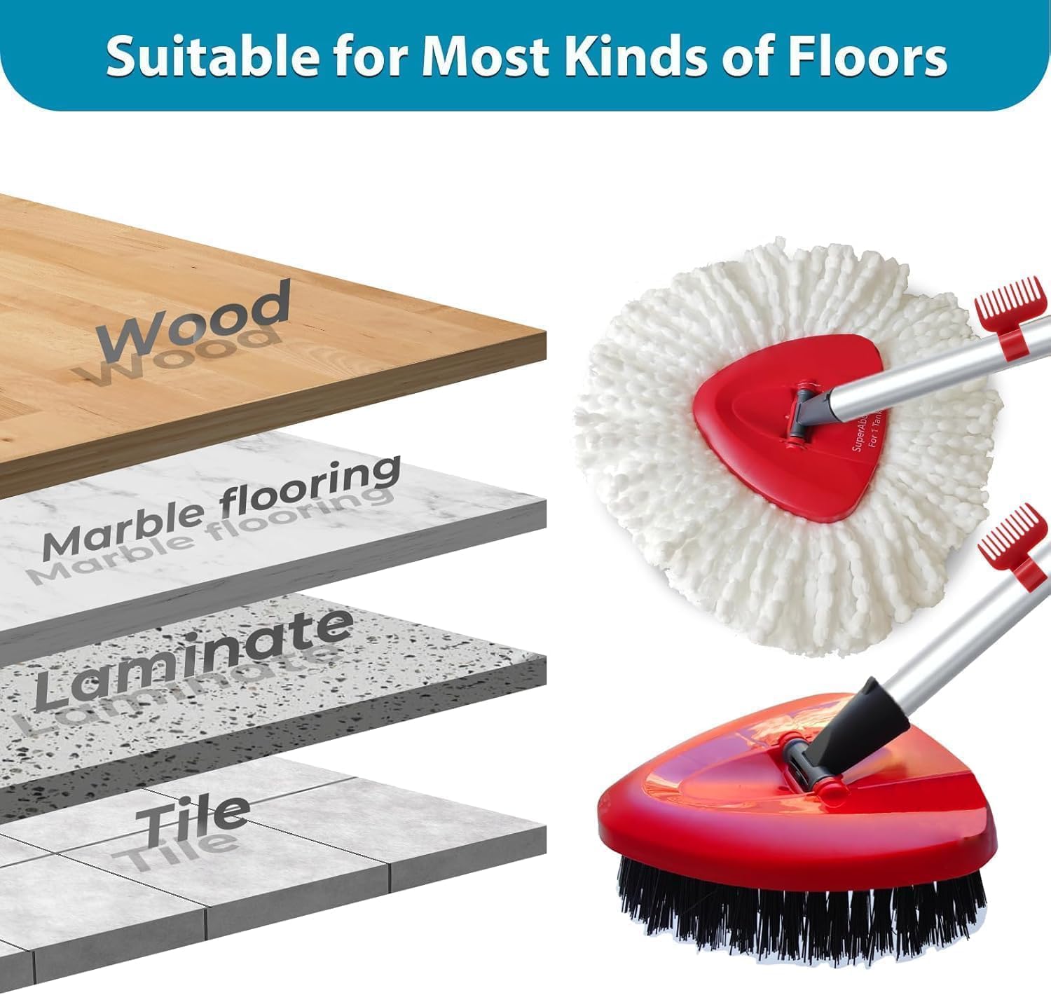 Spin Mop Head and Brush Replacement for Vileda EasyWring 1-Tank System, SuperAbound 4 Mop Replace Heads, 1 Handle, 1 Base and 1 Upgraded Scrub Brush Combo Set