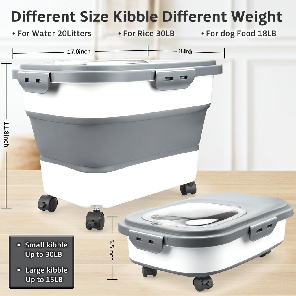 Komzon Rice Storage Containers, Collapsible 10 to 30Lbs Food Storage Bin Dispenser with Rolling Wheel and Clear Airtight Lid, BPA Free Flour, Sugar, Cereal and Dog Cat Pet food Containers