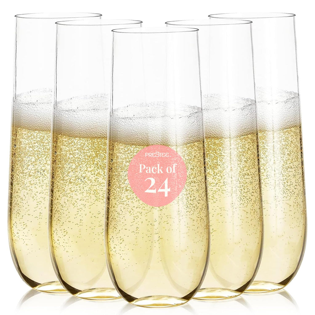 Prestee 24 Stemless Plastic Champagne Flutes - 9 oz Plastic Champagne Clear Shatterproof Toasting Glasses - Unbreakable, Disposable, Reusable for Weddings or Parties