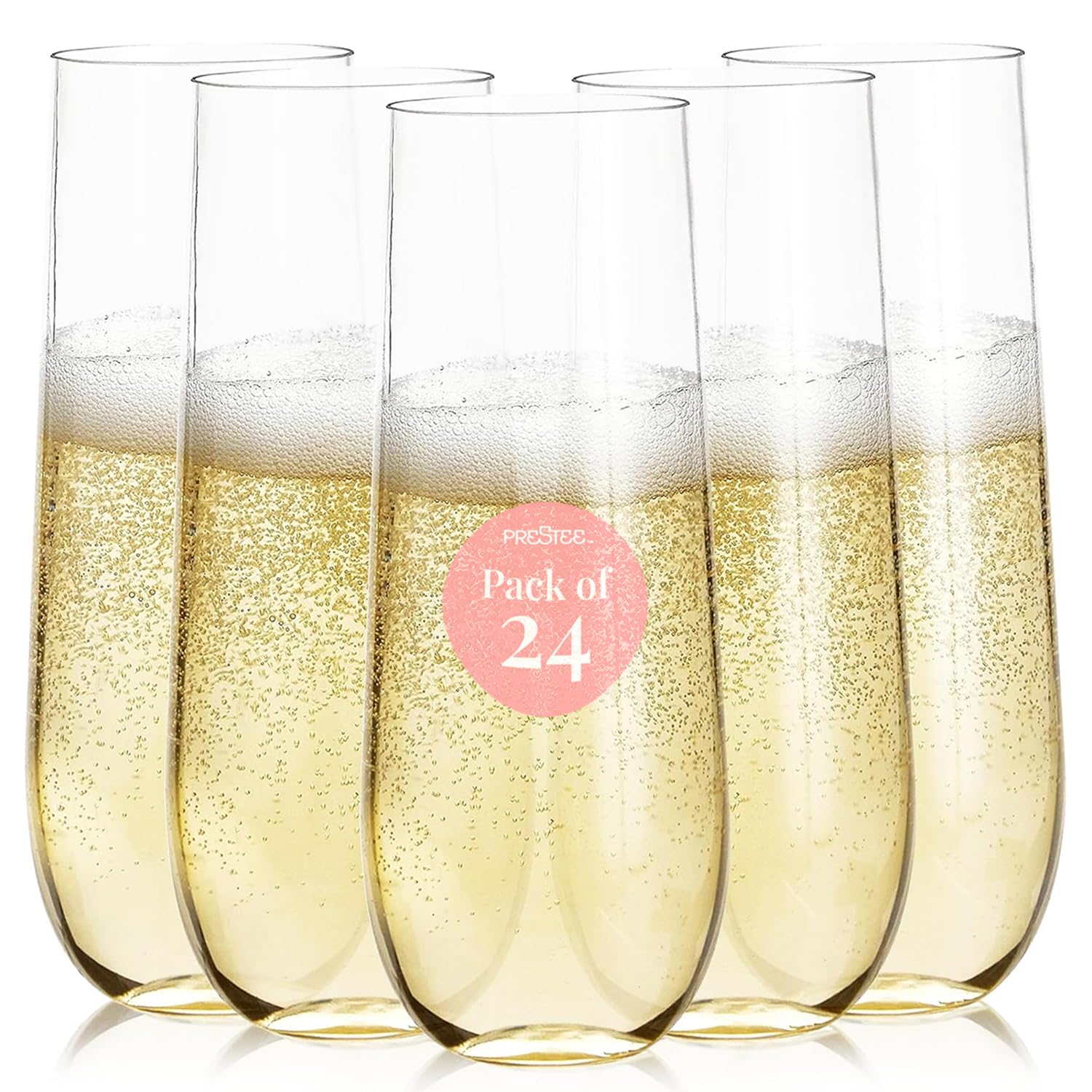 Prestee 24 Stemless Plastic Champagne Flutes - 9 oz Plastic Champagne Clear Shatterproof Toasting Glasses - Unbreakable, Disposable, Reusable for Weddings or Parties