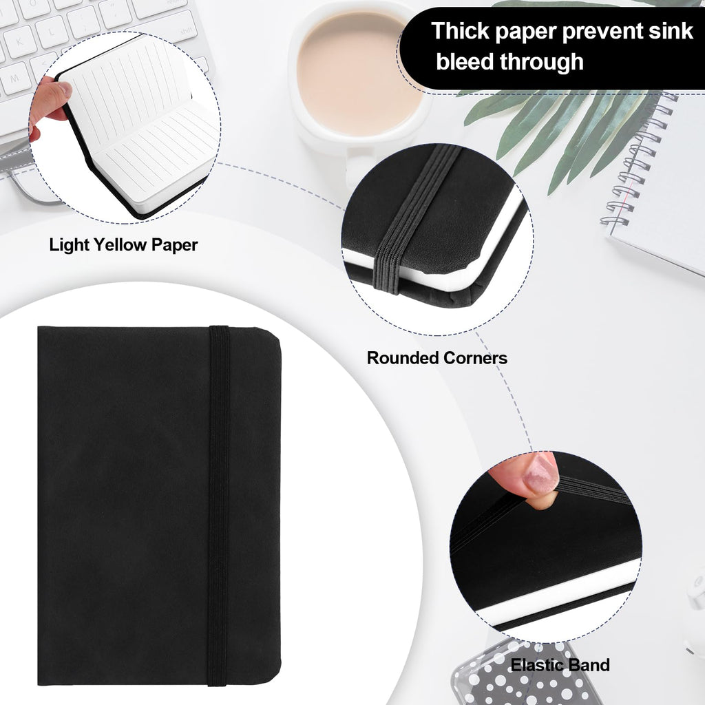10 Pcs Leather Pocket Notebook A7 Note Book Pocket Hardcover Notepad 3 x 4 Inch Mini Notepad Tiny Lined Journal Notebook With Elastic Band 200 Pages for Office Home School Writing Supplies (Black)
