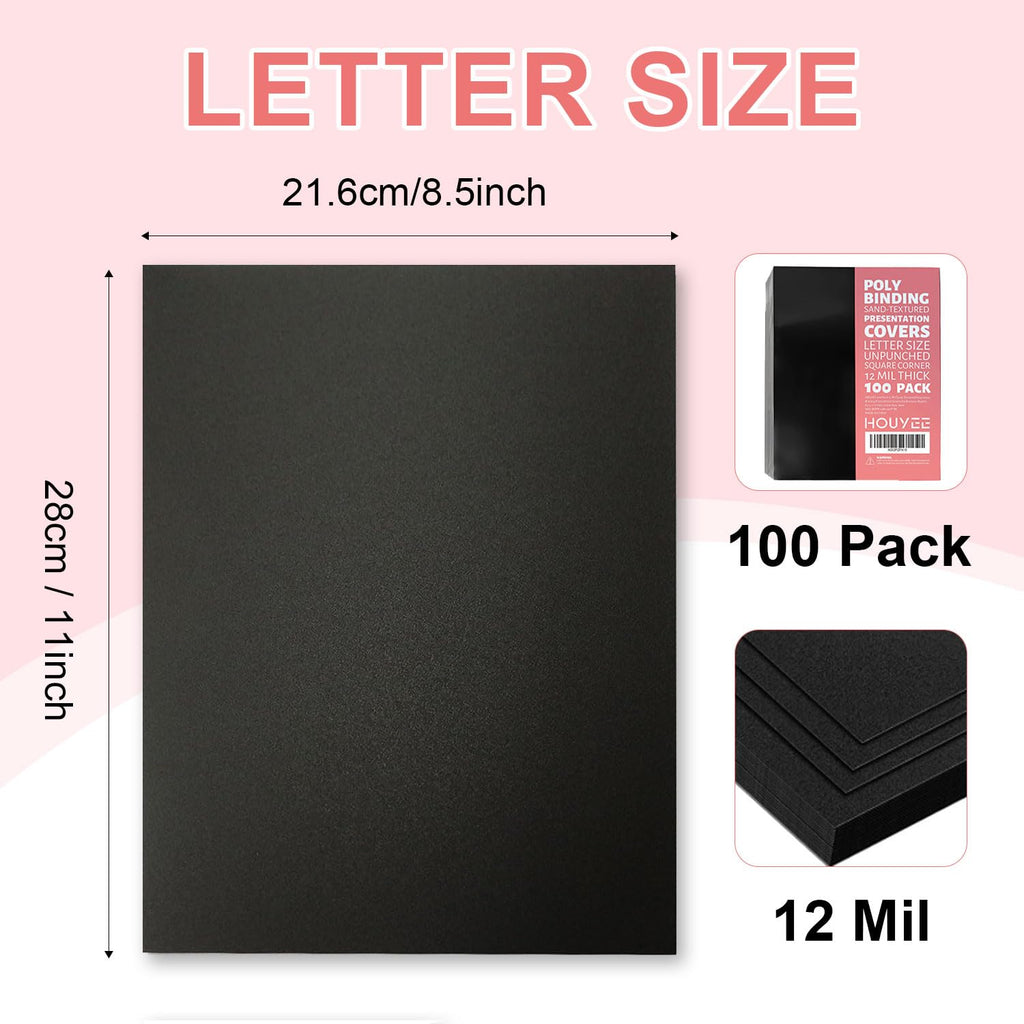 HOUYEE 12 Mil Sand-Textured Polycovers,Binding Presentation Cover for Business Report Covers,Lightly Textured Sand Finish,8.5x11 Inches,Letter Size,Pack of 100