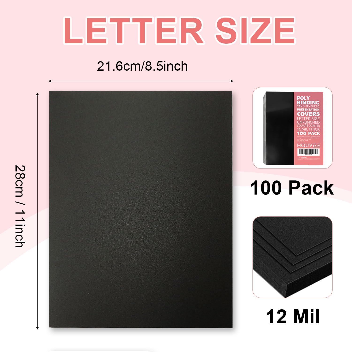 HOUYEE 12 Mil Sand-Textured Polycovers,Binding Presentation Cover for Business Report Covers,Lightly Textured Sand Finish,8.5x11 Inches,Letter Size,Pack of 100