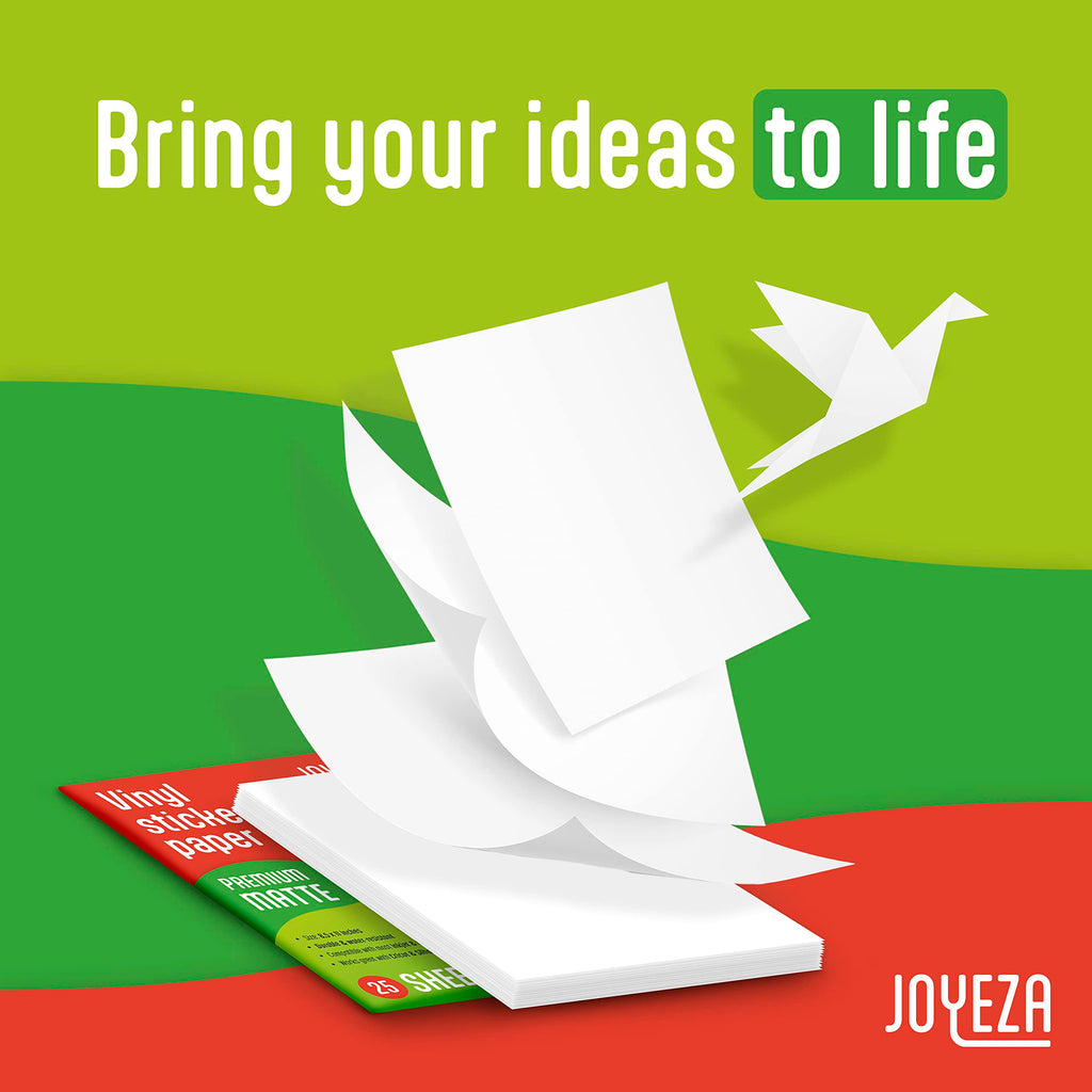 JOYEZA Premium Printable Vinyl Sticker Paper for Inkjet Printer - 25 Sheets Matte White Waterproof, Dries Quickly Vivid Colors, Holds Ink Well- Tear Resistant - Inkjet & Laser Printer