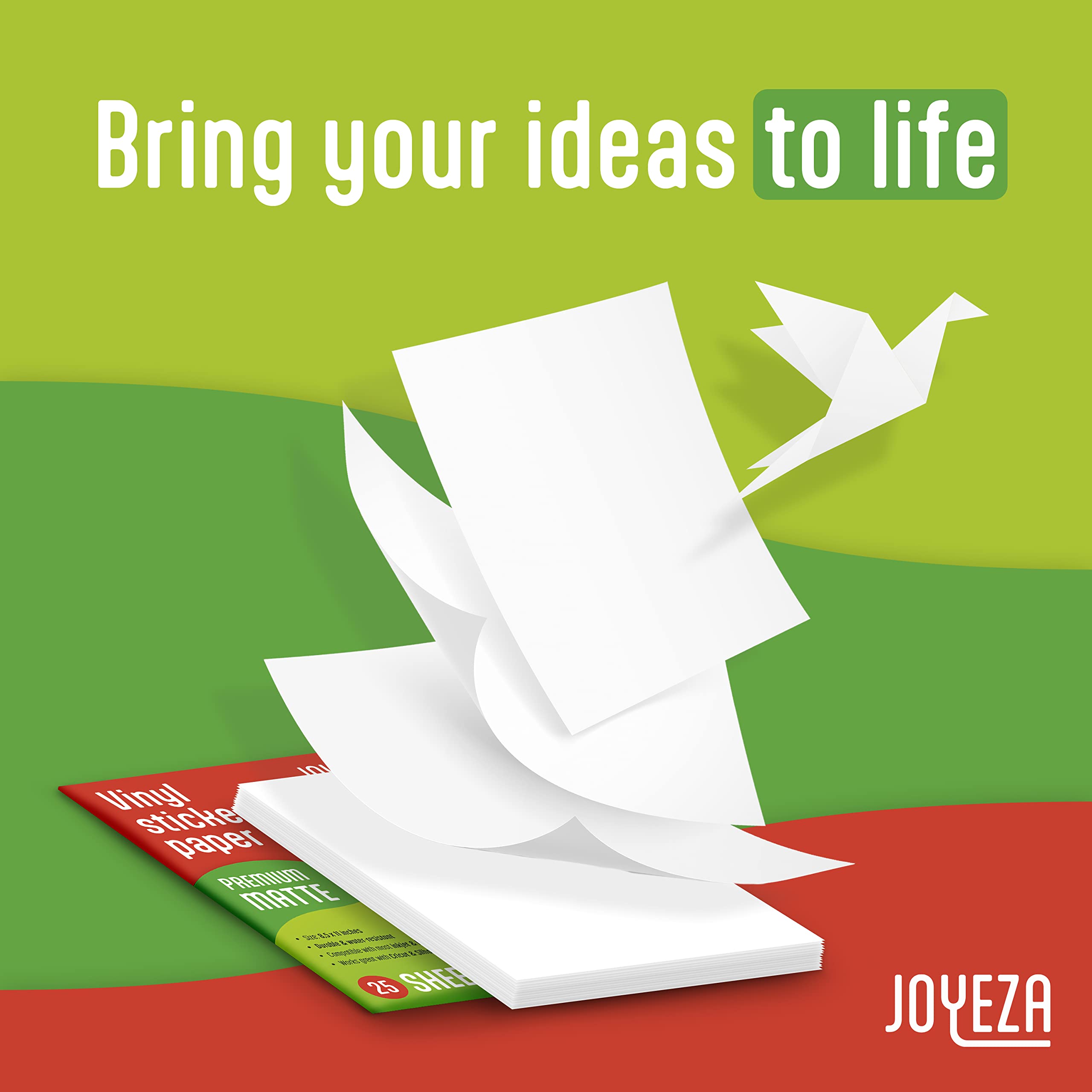 JOYEZA Premium Printable Vinyl Sticker Paper for Inkjet Printer - 25 Sheets Matte White Waterproof, Dries Quickly Vivid Colors, Holds Ink Well- Tear Resistant - Inkjet & Laser Printer