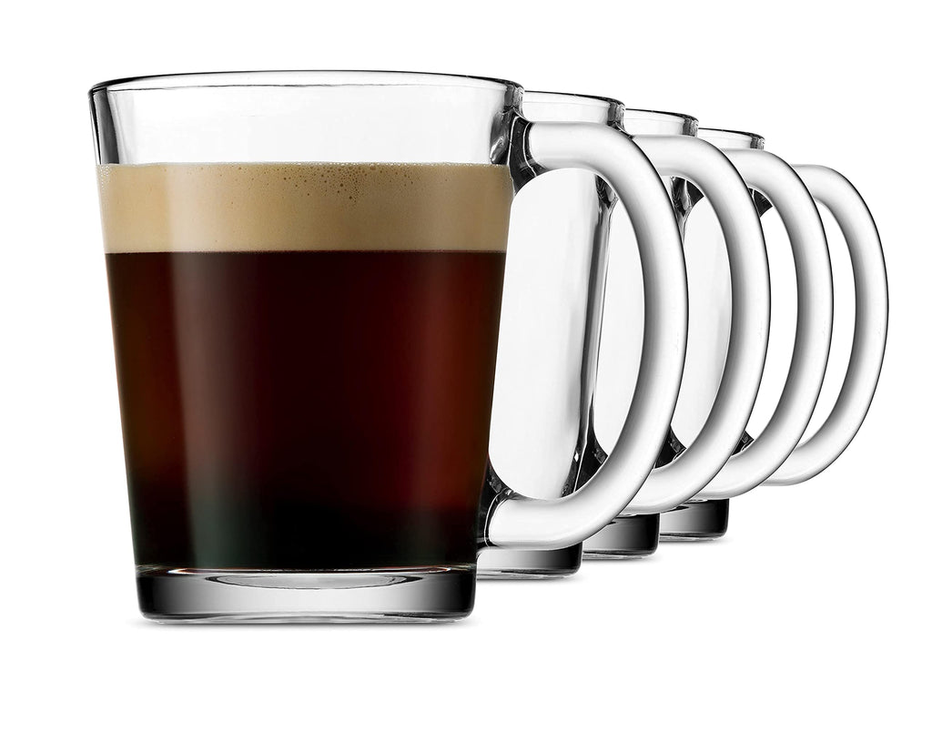 Godinger Coffee Mugs, Italian Made Glass Coffee Mug with Handle, Hot Beverage Tea Cups, Glass Cups, Drinking Glasses - 10oz., Set of 4
