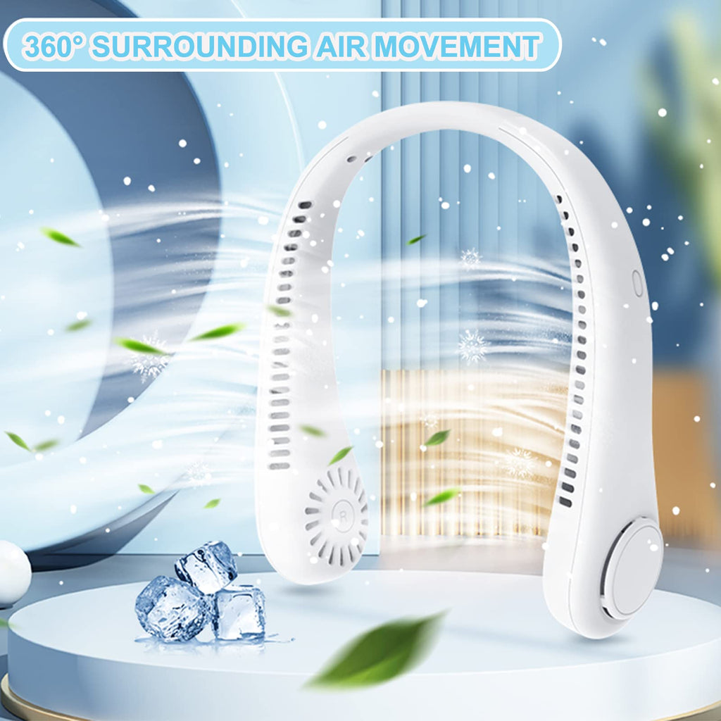 Portable Neck Fan, Rechargeable Personal Neckband Hands Free Bladeless Fan, 360° Surround Vaneless Hanging Neck Fans with 3 Speeds Adjustable for Men Women Home Office Travel, Faster Cooling (White)