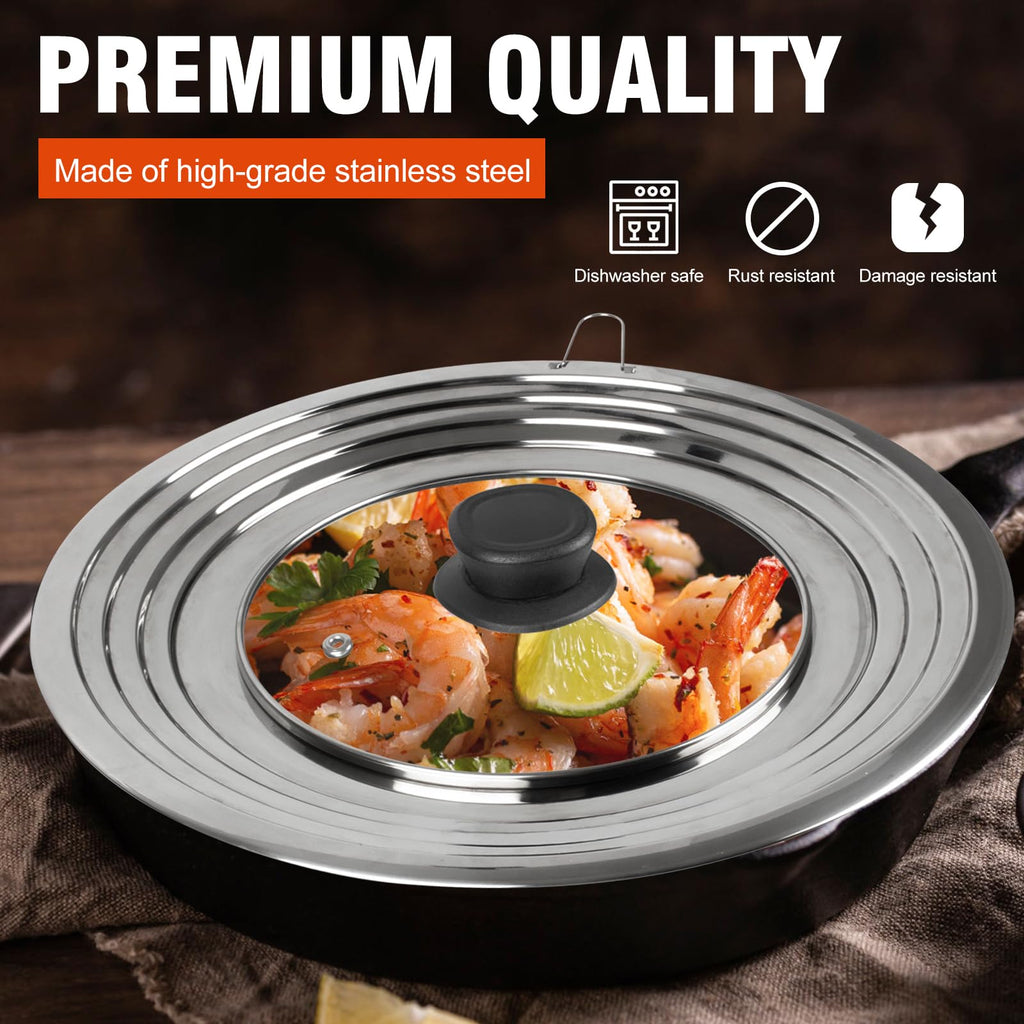 Universal Lid for Pots and Pans Skillets, Pan Cover with Tempered Glass Top Fits 6,7,8 Inch & 8.2, 9, 10, 11, 12 Inch Cookware, Stainless Steel Replacement Frying Pan Cover, Cast Iron Lids