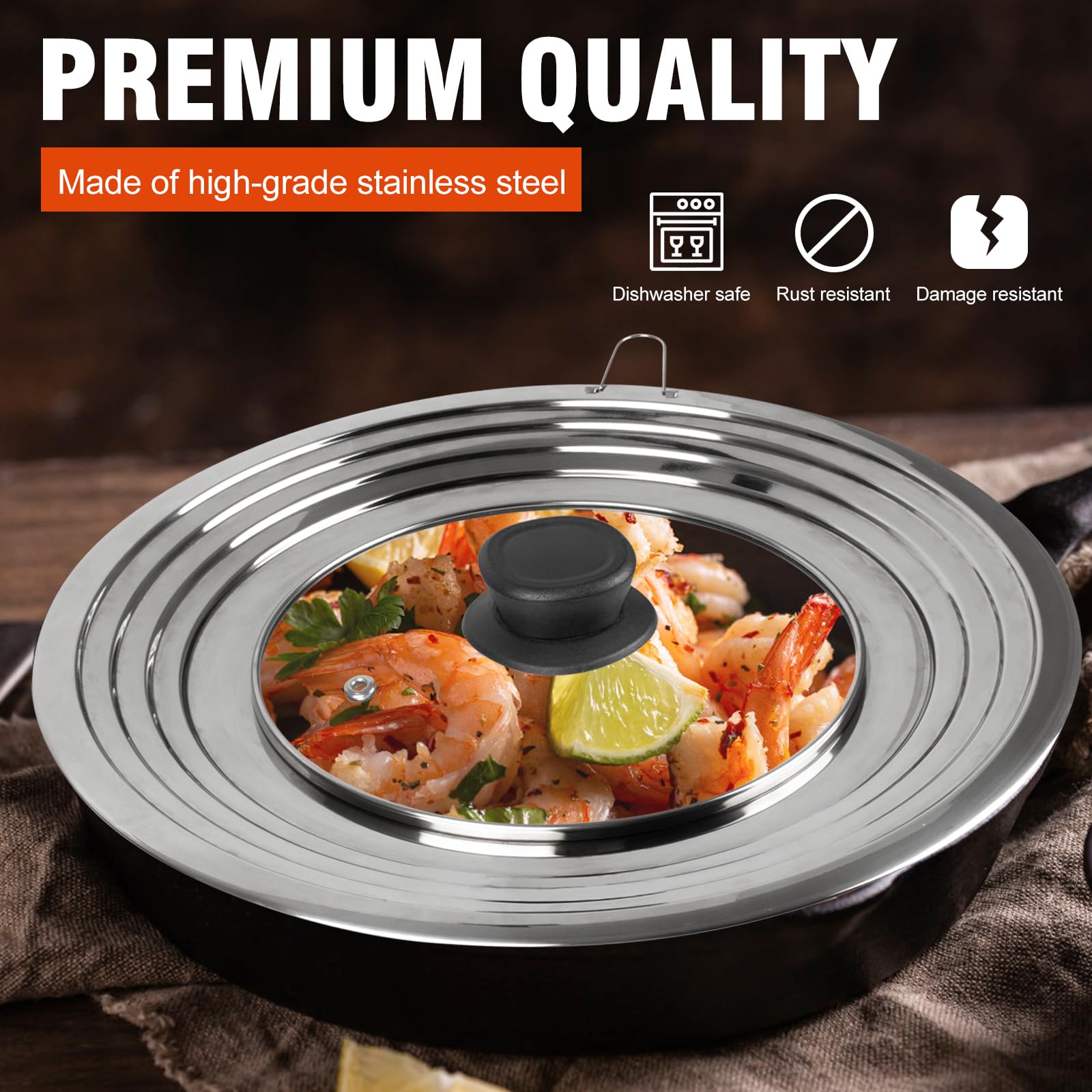 Universal Lid for Pots and Pans Skillets, Pan Cover with Tempered Glass Top Fits 6,7,8 Inch & 8.2, 9, 10, 11, 12 Inch Cookware, Stainless Steel Replacement Frying Pan Cover, Cast Iron Lids
