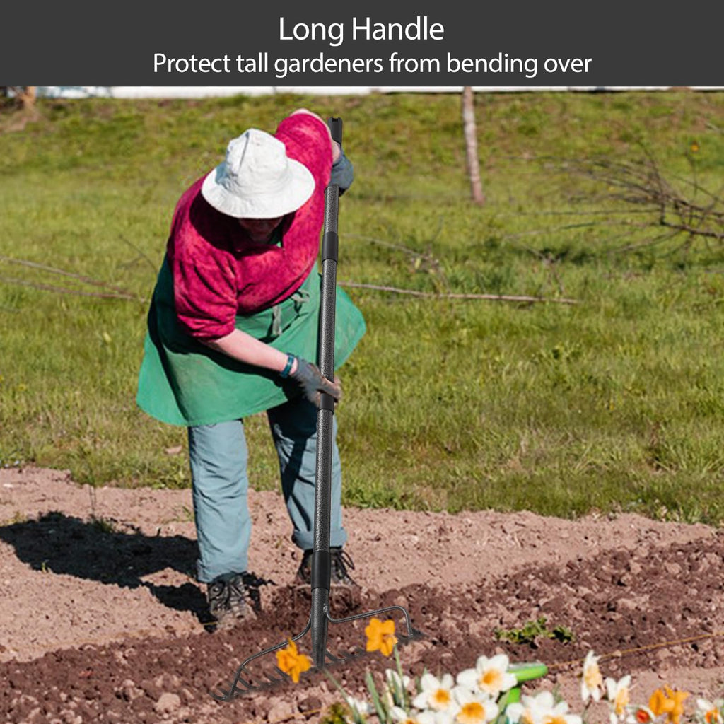 Thatch Rakes for Lawns, Heavy Duty Metal Garden Rake with 17 Prongs, Adjustable Yard Rock Rake for Gardening Loosening Soil, Long Handle 60 Inches