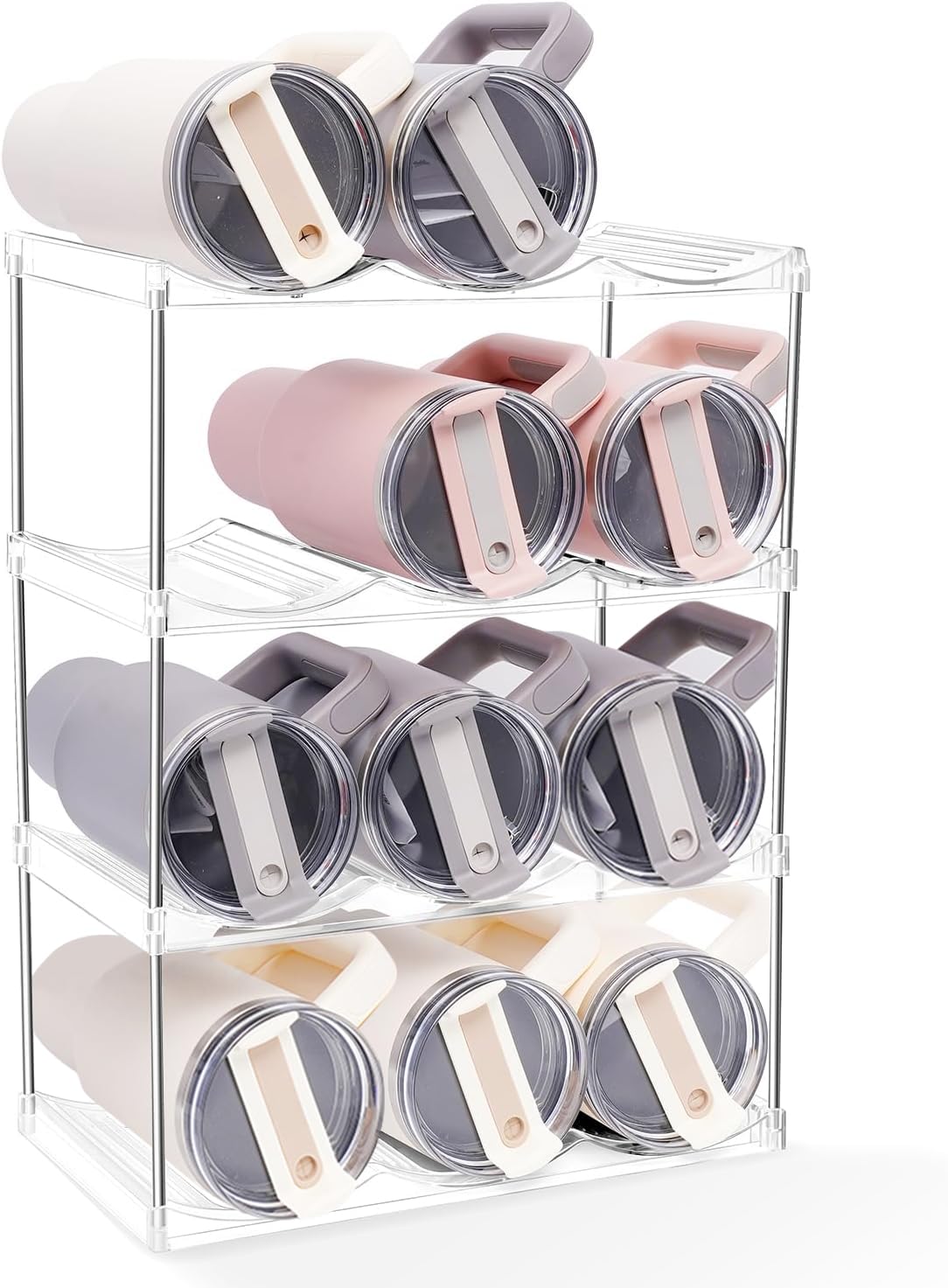 4-Tier Stackable Water Bottle Organizer for Stanley Cup 40oz, Tumbler Organizer, Space-Saving Storage Holder Rack for Large Cups, Ideal for Home and Kitchen Cabinet, Countertop, Pantry, Wine Rack