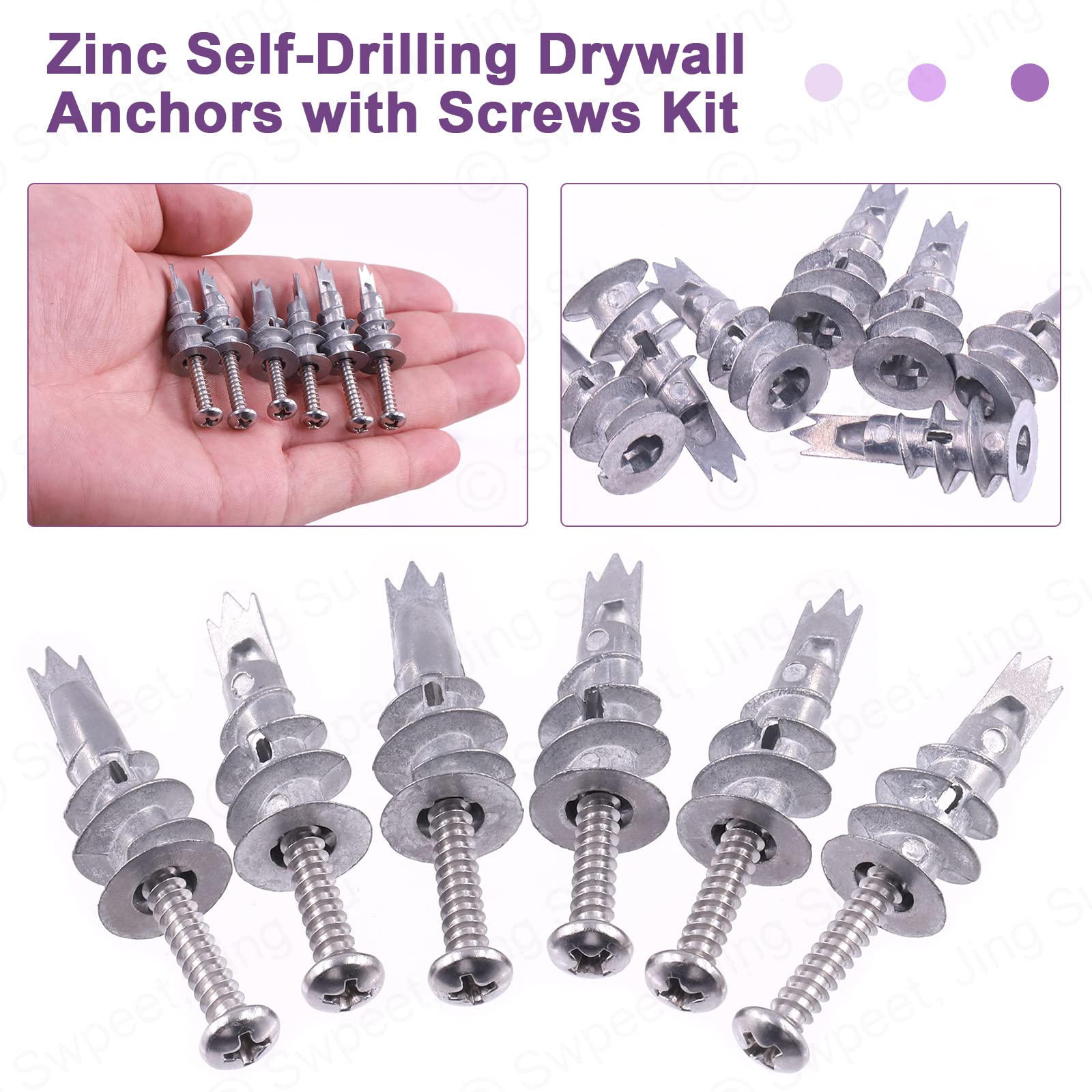Swpeet 120Pcs Heavy Duty Zinc Self Drilling Drywall Anchors with #8 x 1-1/4'' Screws Kit, No Pre Drill Hole Preparation Required - Self-Tapping Drywall Anchors for Hanging and Mounting