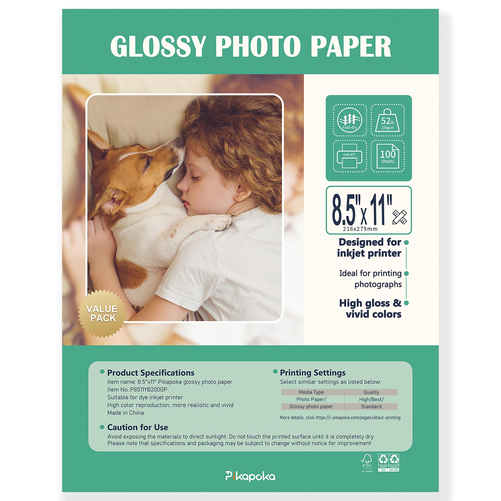 8.5x11 Glossy Photo Paper, 100 Sheets 52lb Inkjet, Letter, Pikapoka (P851110020GSY)