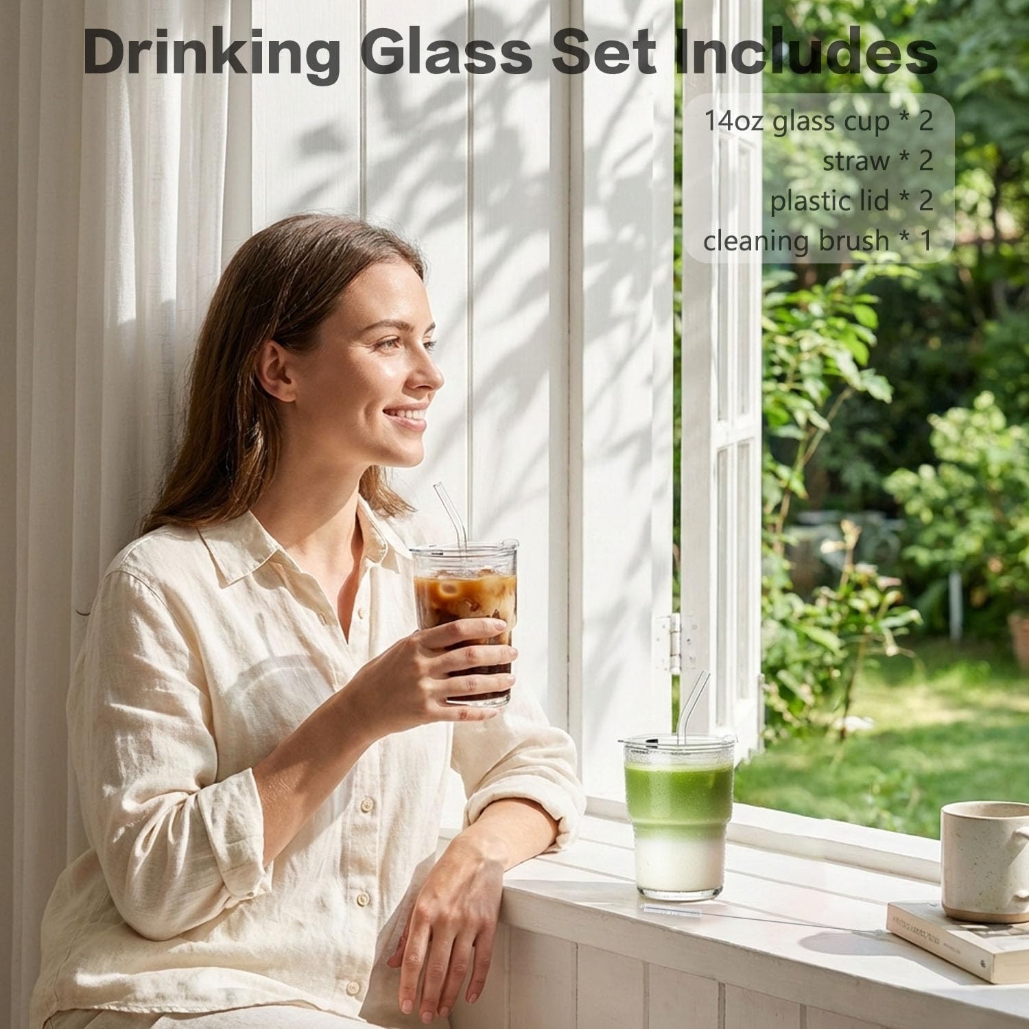 14oz Iced Coffee Cup, 4 Pack Glass Tumblers with Straws and Lids, Small Glass Matcha Cups, Reusable Thickened Glassware Set for Iced Tea, Soda, Smoothies, Cocktails