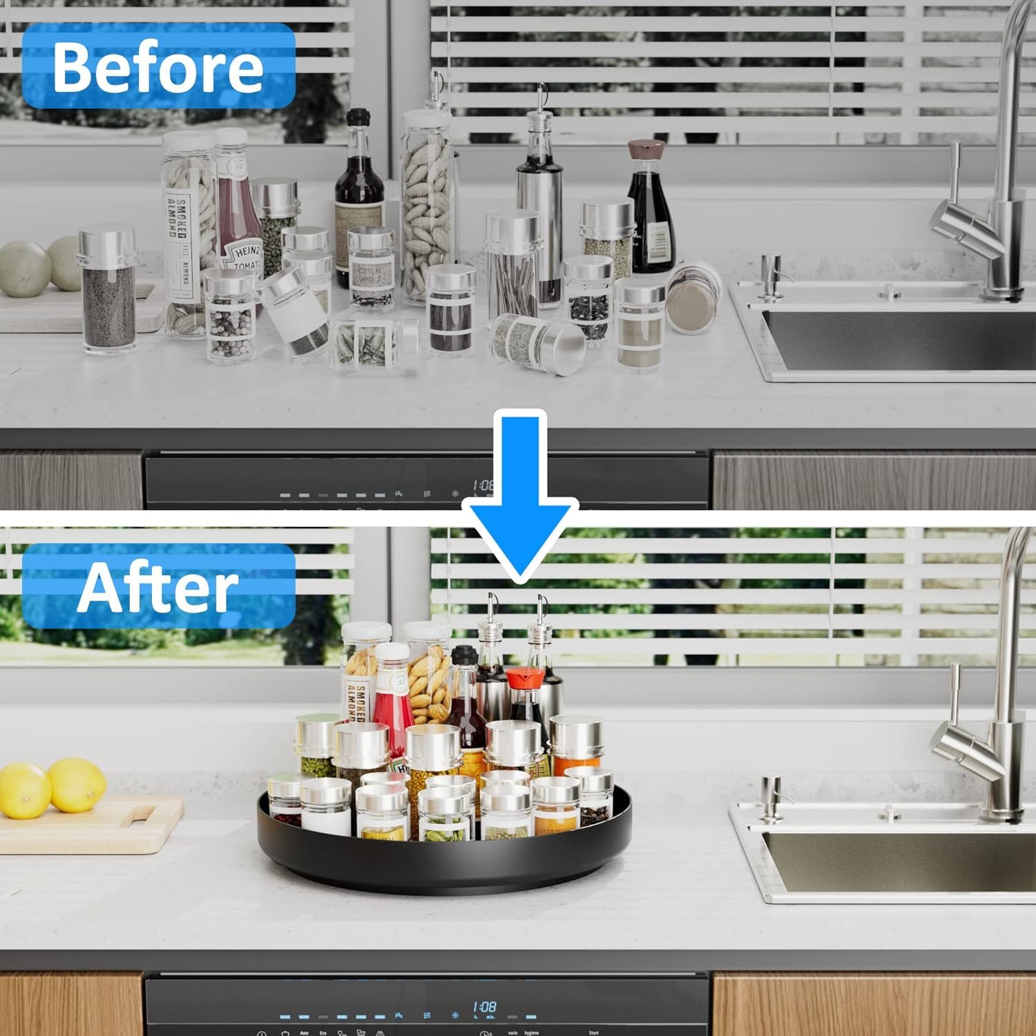 Lazy Susan Stainless Steel Black Spice Rack Turntable for Pantry Cabinet - Decorative Trays Storage Containers Organizer for Kitchen Cabinet, Snacks, Bathroom (9.8 inches)