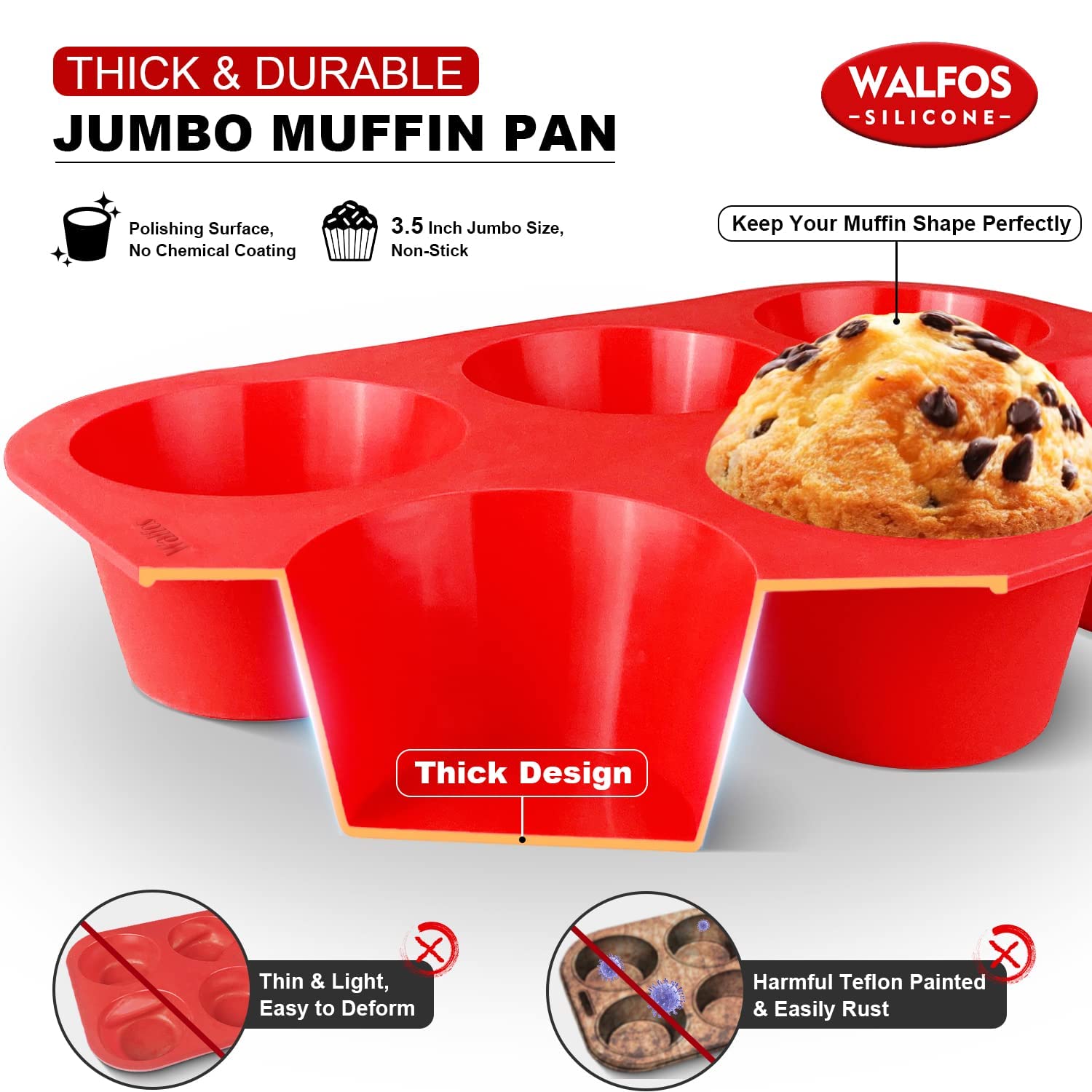Walfos Silicone Jumbo Muffin Pan Set- 6 Cup Large Silicone Cupcake Pan, BPA Free Silicone Perfect for Egg Muffins, Big Cupcakes - Non-Stick and Dishwasher Safe, Set of 2