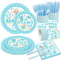 Poqirzan 144PCS Gender Reveal Party Supplies Baby Shower Plates and Napkins Tableware Sets for Boy Baby Shower Party Decorations Including Paper Cartoon Plates Napkins Cups Forks Serve 24