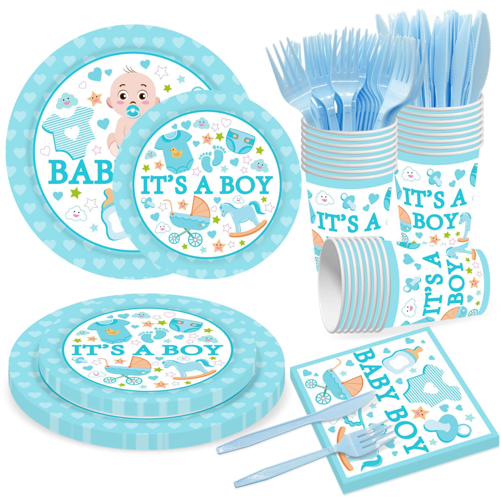 Poqirzan 144PCS Gender Reveal Party Supplies Baby Shower Plates and Napkins Tableware Sets for Boy Baby Shower Party Decorations Including Paper Cartoon Plates Napkins Cups Forks Serve 24