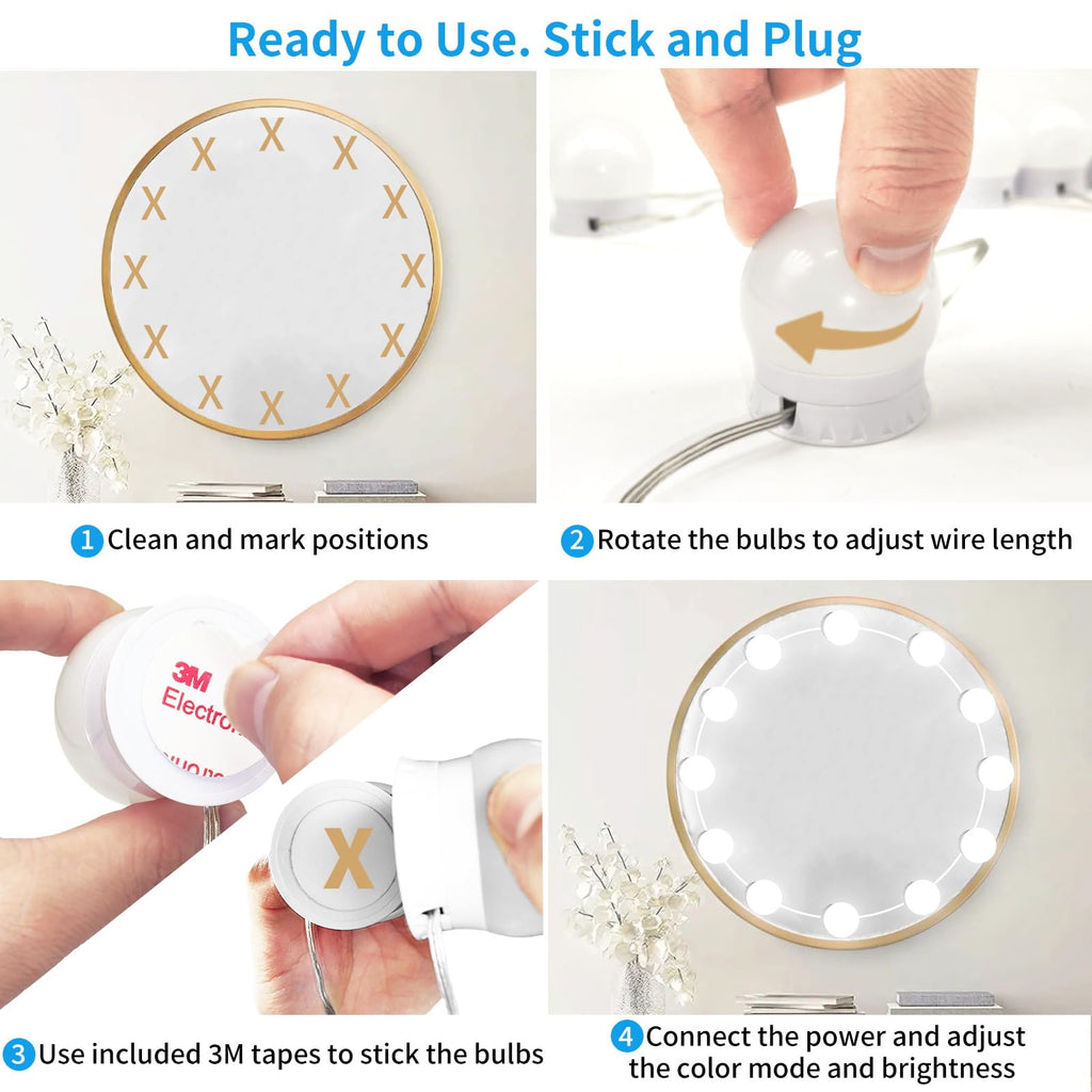 LED Vanity Mirror Lights with 12 Stick On Dimmable Bulbs, 3000K 4500K 6500K & 10 Brightness Levels Adjustable, Plug in USB Cable, Hollywood Style Mirror Lights for Makeup Desk Bathroom Dressing Room