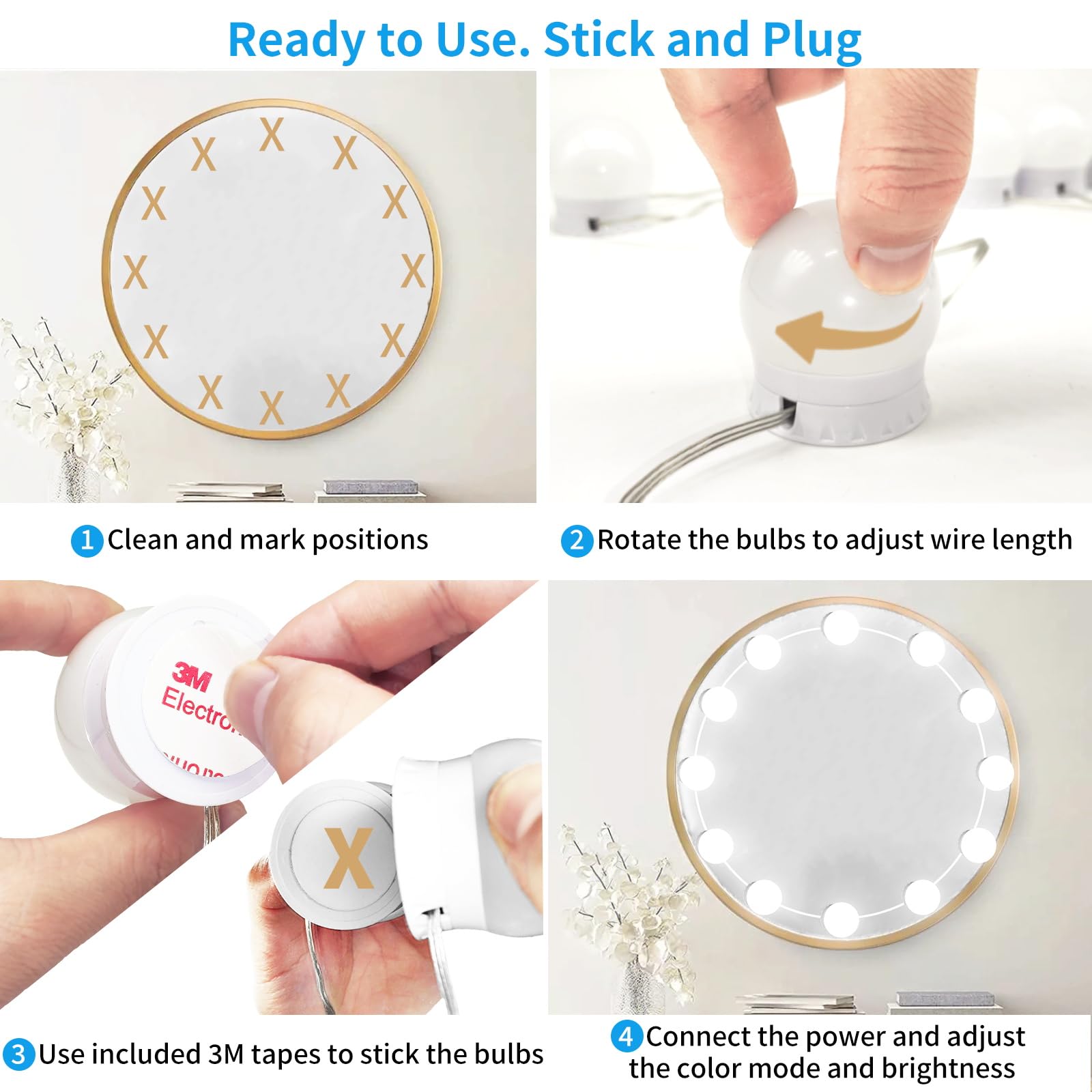 LED Vanity Mirror Lights with 12 Stick On Dimmable Bulbs, 3000K 4500K 6500K & 10 Brightness Levels Adjustable, Plug in USB Cable, Hollywood Style Mirror Lights for Makeup Desk Bathroom Dressing Room