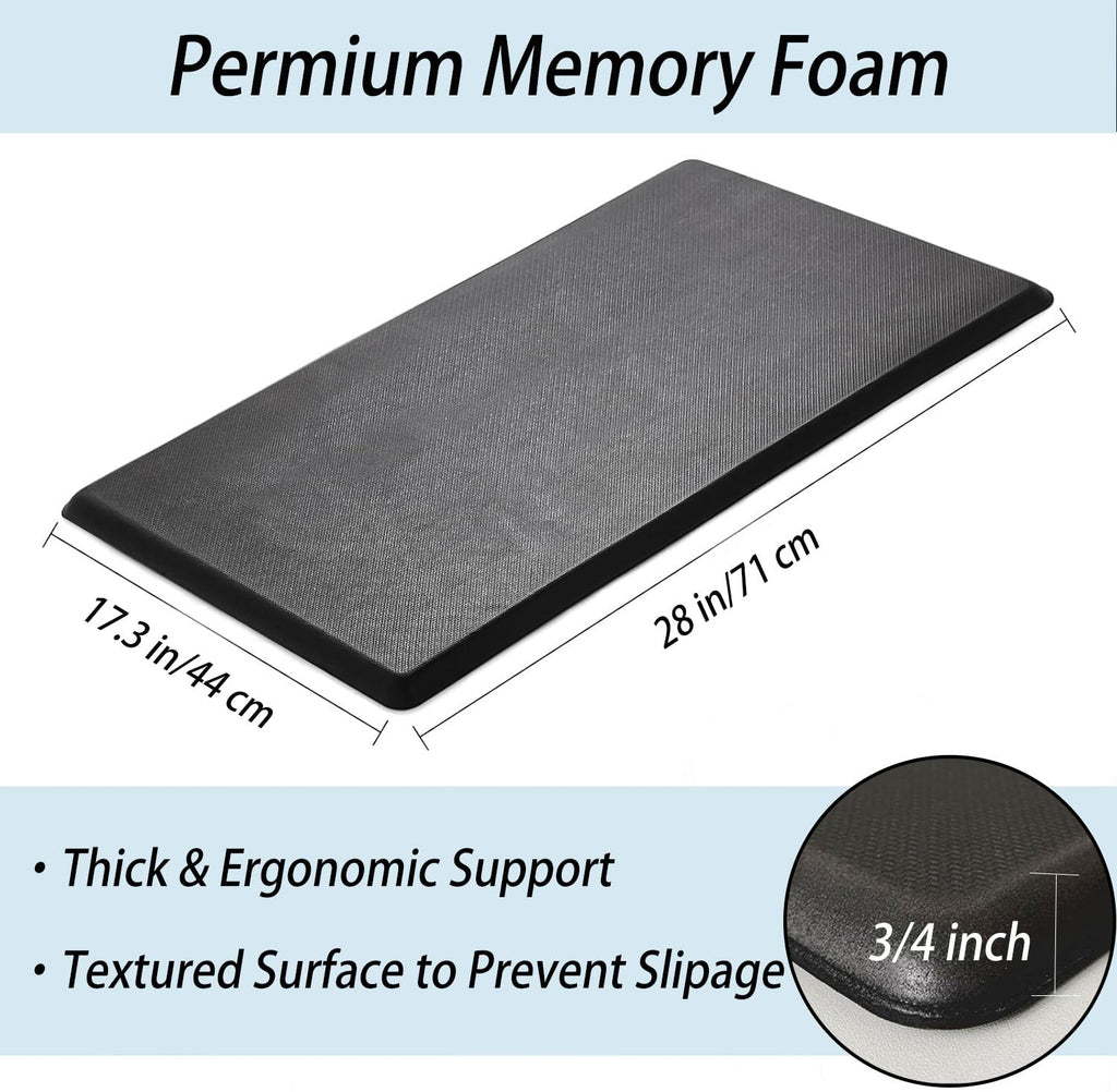 Artnice Kitchen Mats for Floor, 0.75" Cushioned Anti Fatigue Mat, Memory Foam Kitchen Rug, Non Slip Waterproof Comfort Mat for Standing, Home, Office (17.3" x 28", Black)