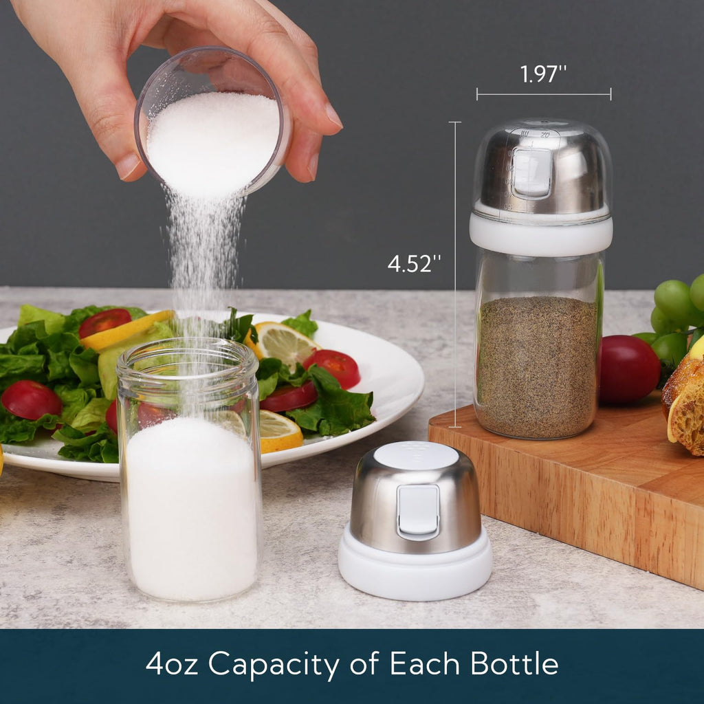 KTCHENDAO 2 in 1 Glass Salt and Pepper Shaker with Side Pour Spout, Built-in Lid to Slow Down Dampness with Measuring Marks, Elegant Borosilicate Glass Salt Dispenser for Kitchen, BPA Free,4oz (White)