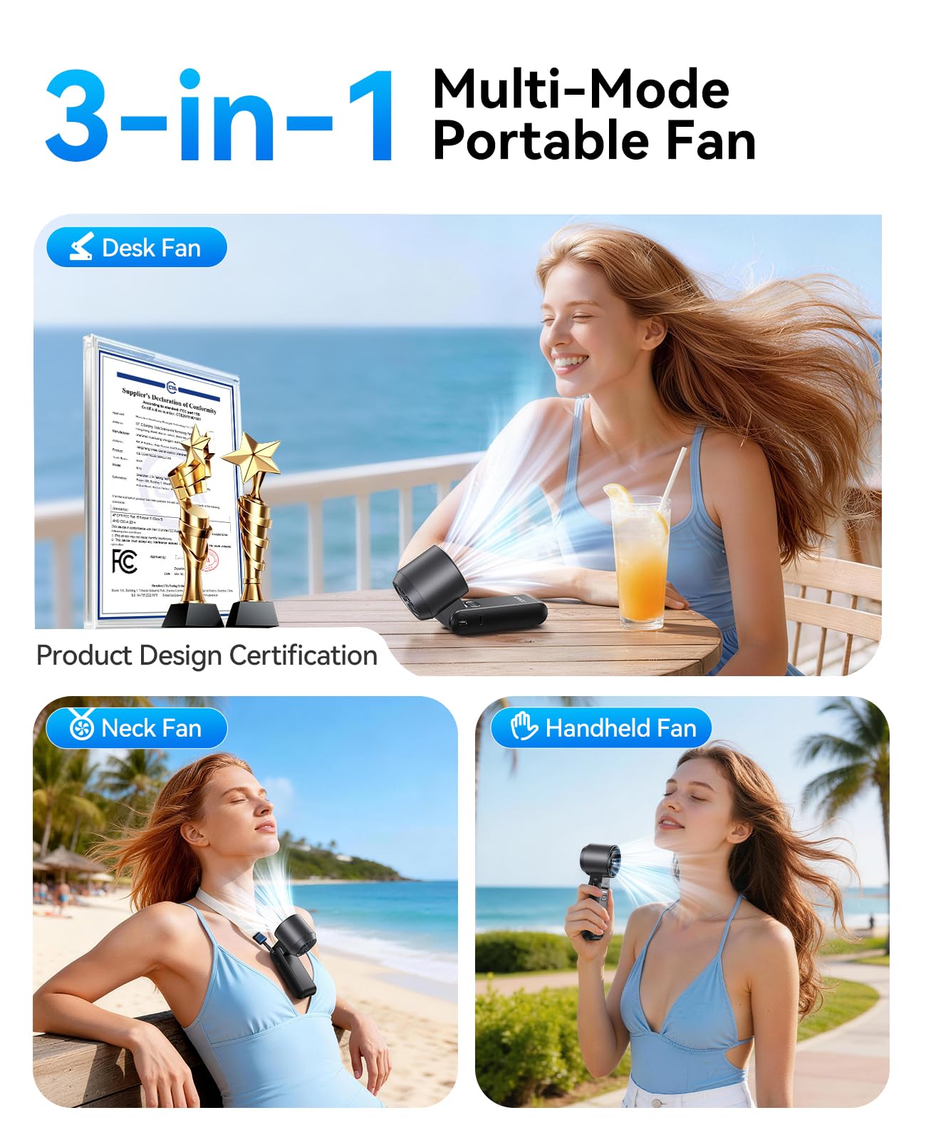 KIMMOO 3-in-1 Portable Handheld Turbo Fan -100 Speeds, Powerful 20000 RPM, 12Hrs Cooling, 120° Rotation, USB Rechargeable Mini Hand Held Personal Fan for Travel Makeup Outdoor Indoor (Black)