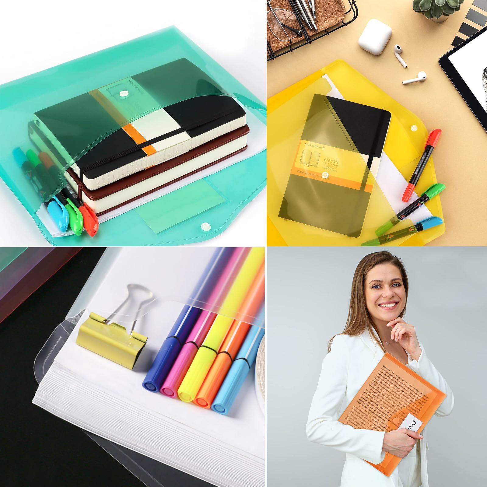 Plastic File Folders, 40 Pcs Transparent Envelopes Letter Size / A4 Size Waterproof File Pouches with Label Pocket and Snap Button for School Home Work Office Organization 8 Colours