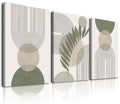 KBKBART Sage Green Boho Wall Art Set of 3, Minimalist Framed Wall Art Geometric Line Leaf Sun Moon Beige Green Canvas Artwork Paintings, Abstract Botanical Boho Room Decor, Sage Green, 12''x16''