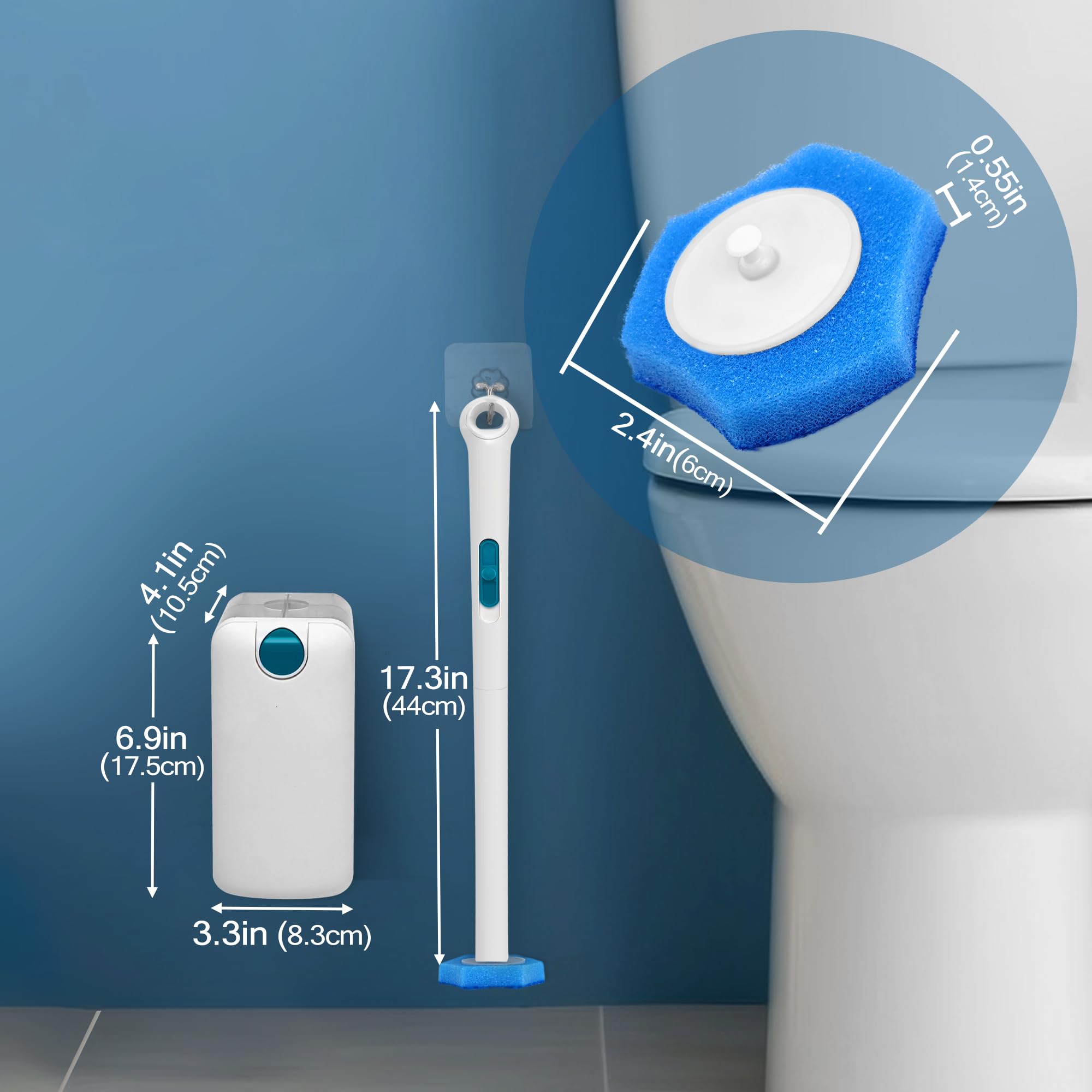 NEWE Disposable Toilet Brush, Toilet Bowl Wand Holder Set with Upgraded Clamping System, 16PCS Cleaner Refills, Bathroom Cleaning Tool for Sink Bathtub Drain Wash Basin Urinal