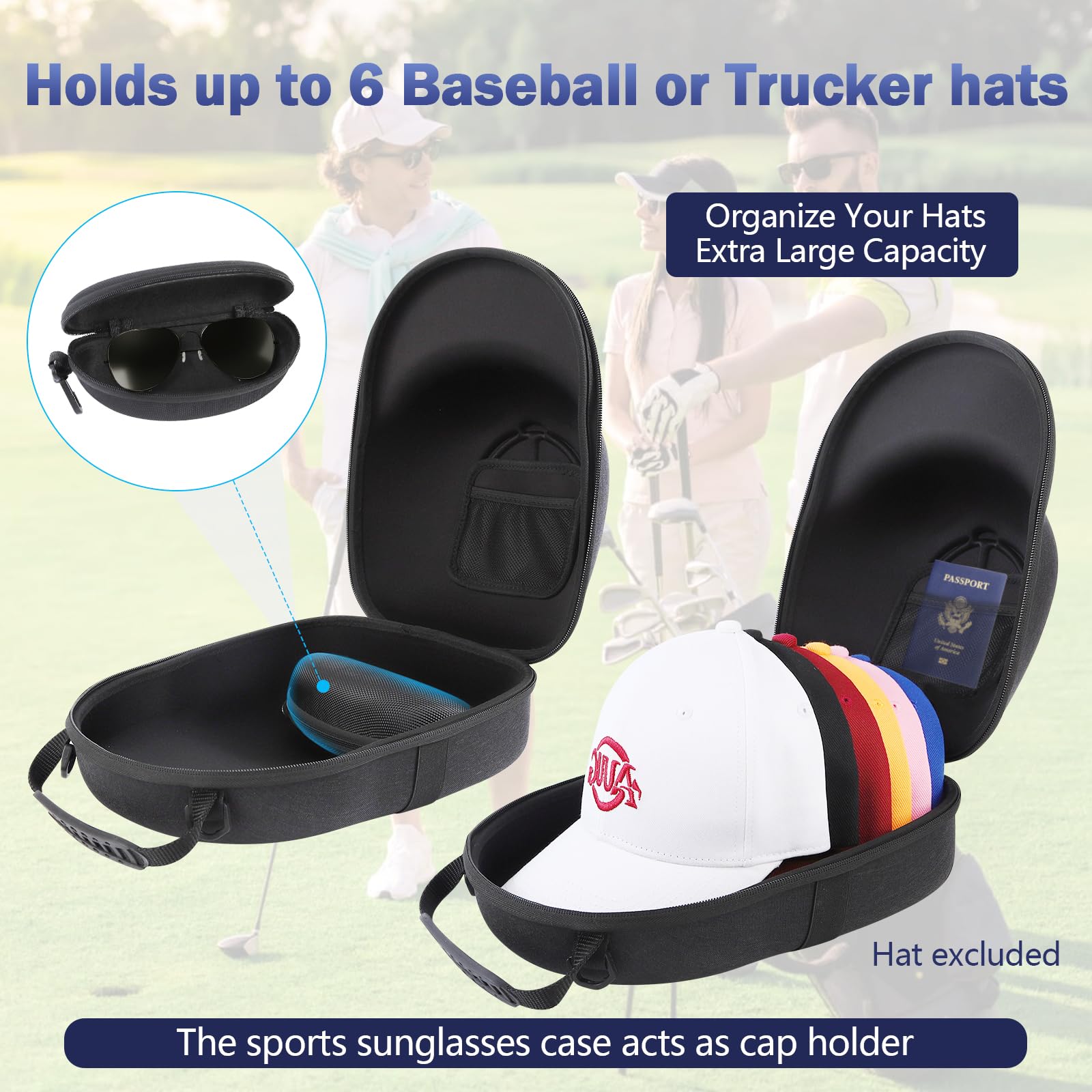 Anguu Hat Travel Case, Hard Hat Carrier Organizer with Clip & Glasses Storage, Holds 6 Baseball Caps for Home/Travel - Black