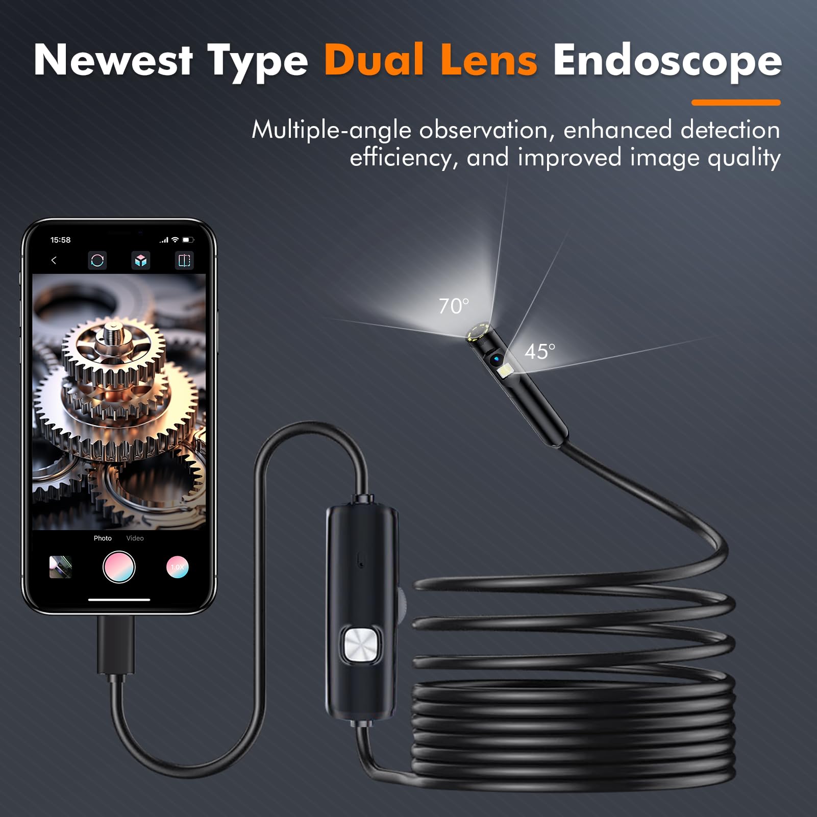 Dual Lens Endoscope Camera with Light, TLMUSE Borescope 1920P HD Inspection Camera, IP67 Waterproof for Android, iPhone, iPad 196.8Inch