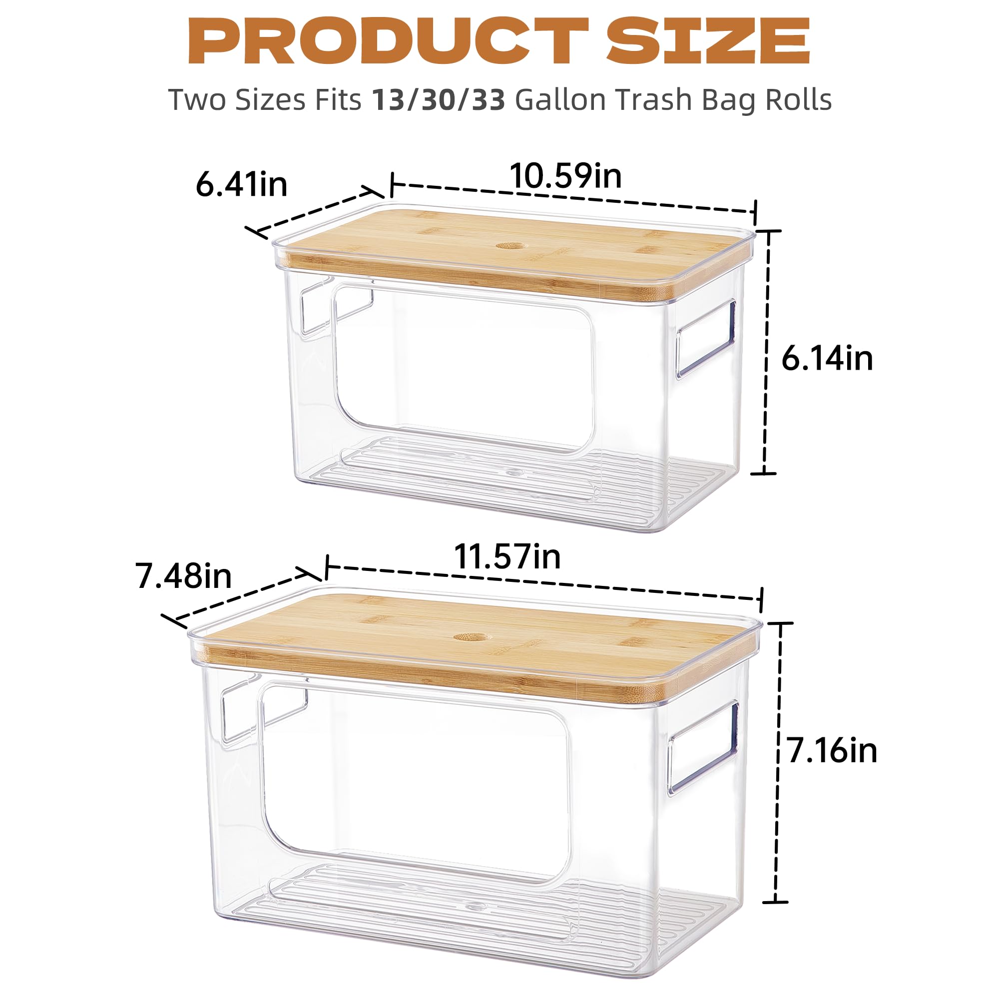 2 Pack Garbage Bag Holder with Bamboo Lid, Stackable Trash Bag Dispenser, Clear Under Sink Organizer for Kitchen, Pantry, Laundry Organization, Under-Sink