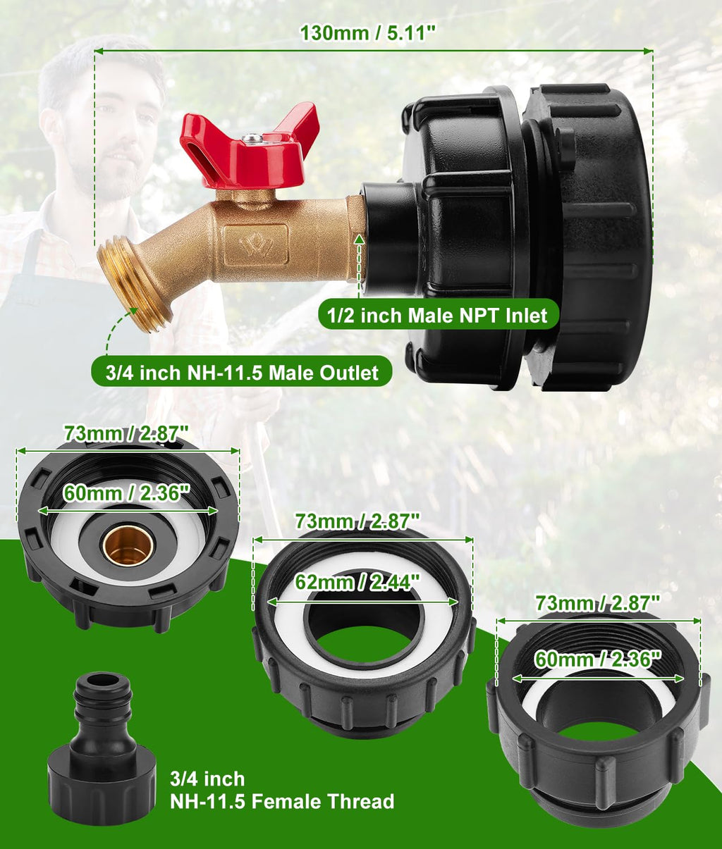 WADEO IBC Tote Adapter, IBC Tote Fittings 1/2" Male NPT Inlet 3/4" GHT Male Garden Hose Quick Connector Outlet Brass Ball Valve Faucet with 60 62mm Female Fine Thread with for Garden Hose Connector