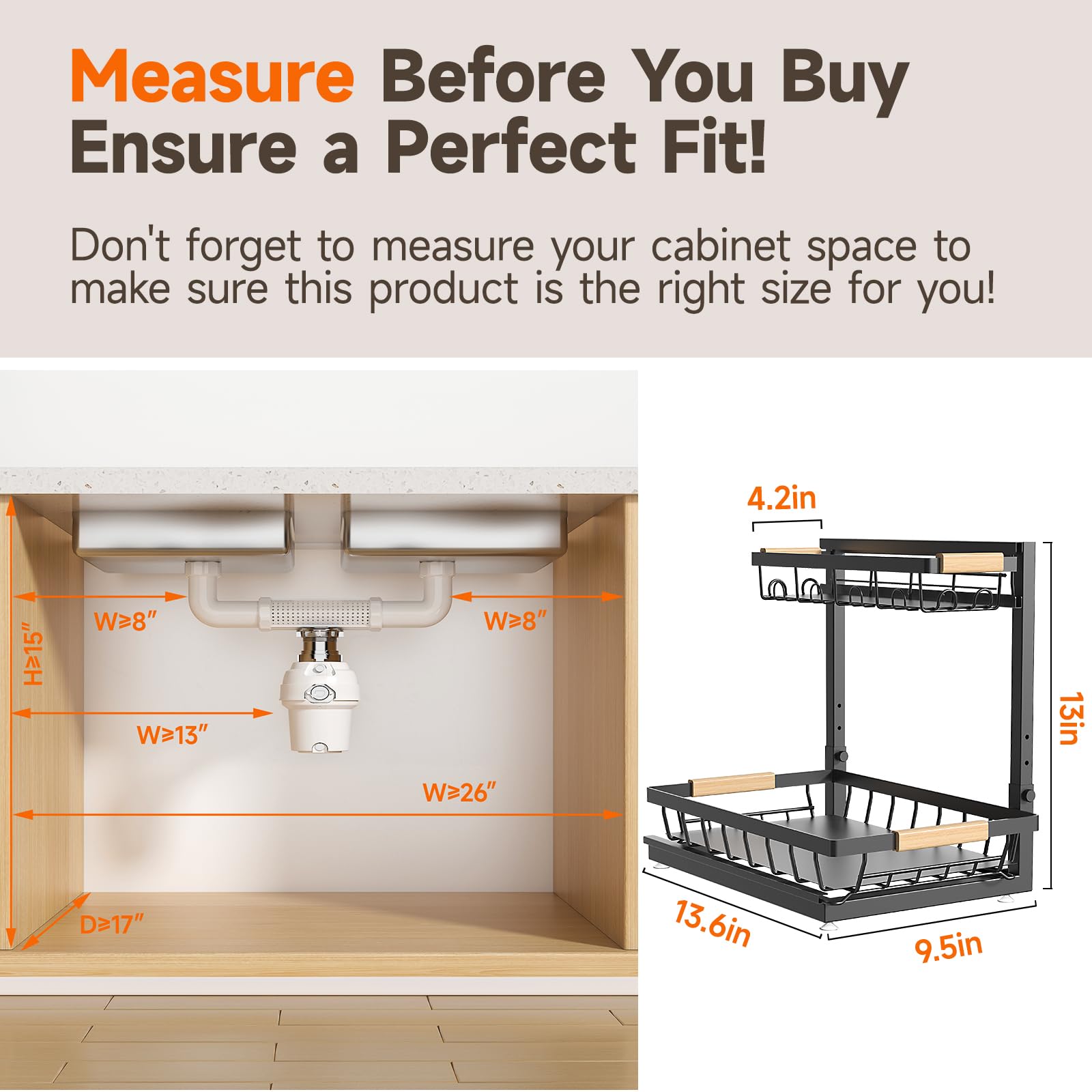 Sevenblue 2 Pack Under Sink Organizer, Height Adjustable 2 Tier Under Sink Organizer Kitchen, Multi-Purpose Storage Shelf for Kitchen Bathroom Cabinet (Black, Large)