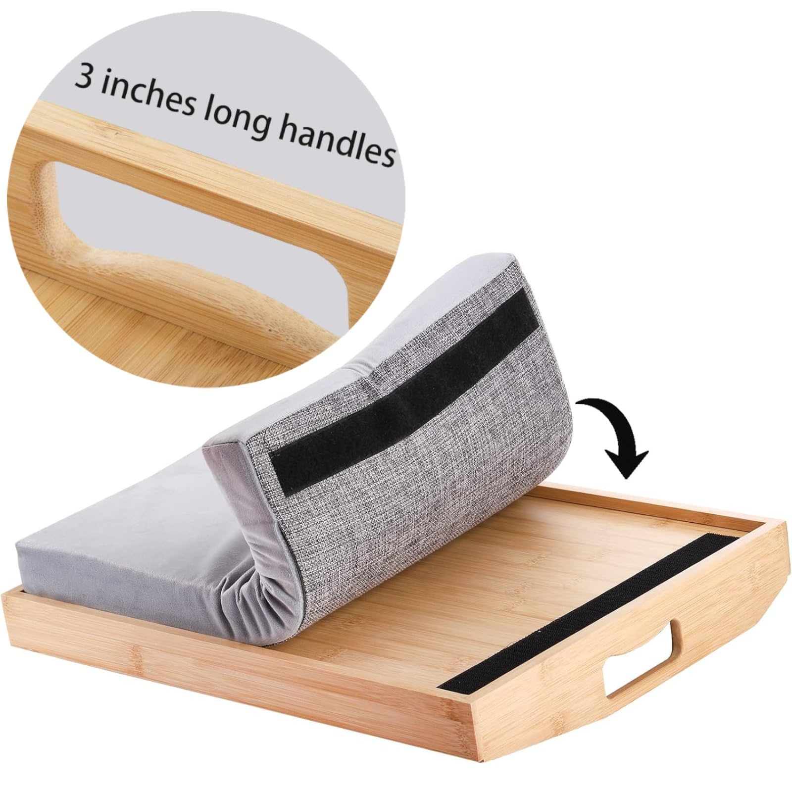 Cedilis Bamboo Lap Tray with Detachable Pillow, 16.9 x13 in Serving Tray with Handles, Bed Tray for Eating, Breakfast Tray, Dinner Food Trays